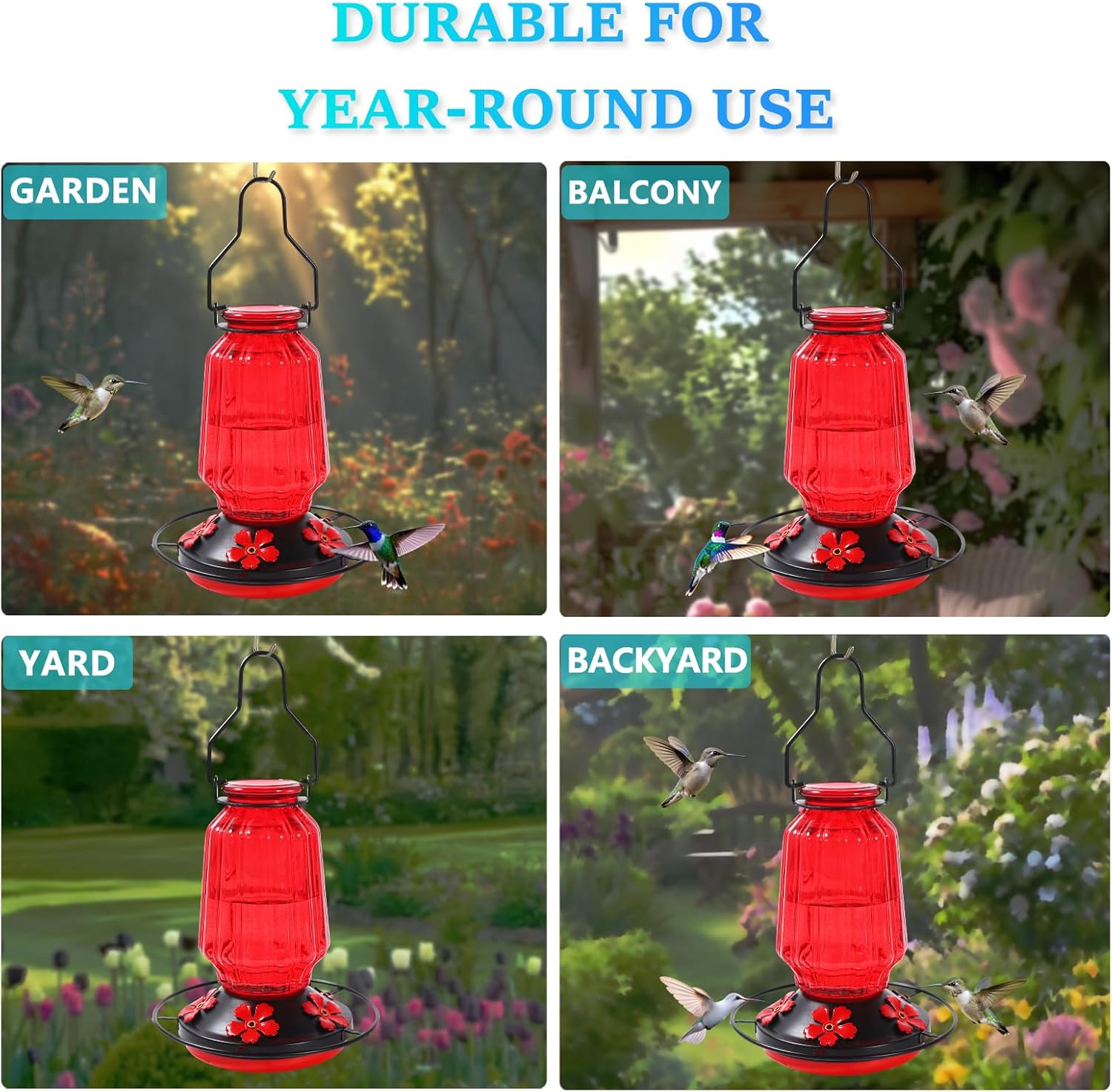 Glass Hummingbird Feeder for Outdoors Hanging, 16Oz Bird Nectar Feeder with Perch & 5 Flower Feeding Ports, Leak Proof for Outside Garden Decor Backyard, Gifts for Women Mom, Red - Image 3