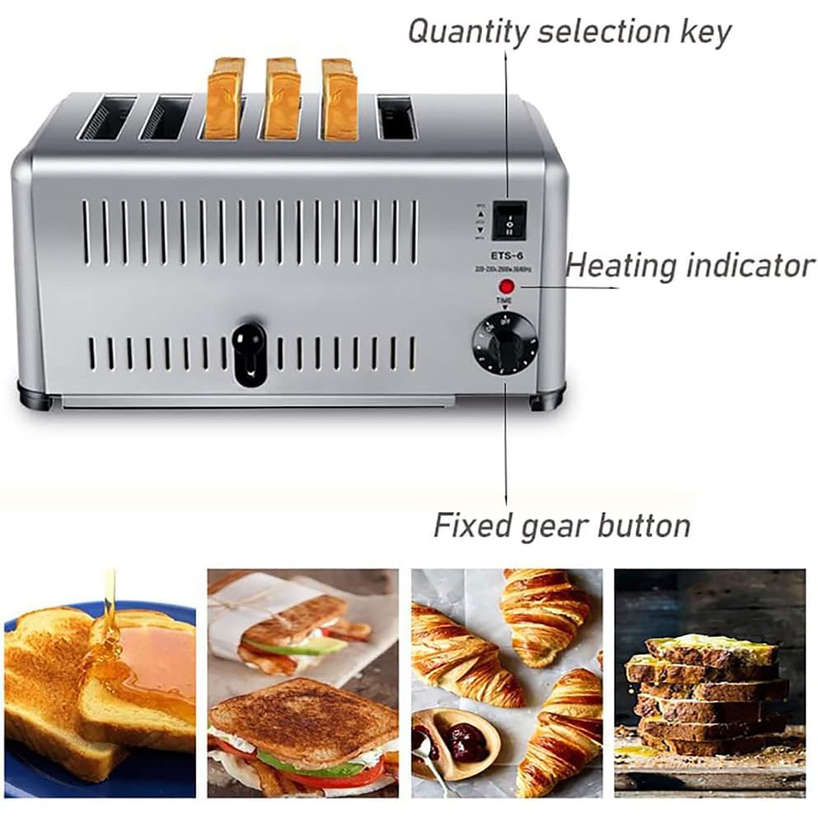 Toster komercyjny ze stali nierdzewnej, 1800 W/2500 W, z bardzo szerokimi szczelinami na chleb, toster do bułek hamburgerowych ze zdejmowaną szufladą na okruchy, do różnych rodzajów chleba