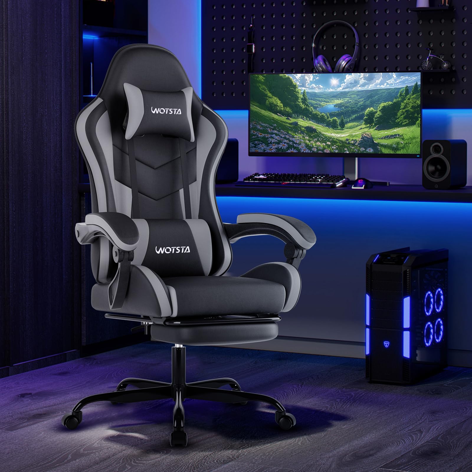 Gaming Chair Computerstuhl Ergonomischer Gaming Stuhl mit Fußstütze Bürostuhl Ergonomischer Computerstuhl mit Lendenwirbelstütze (BLKGY)