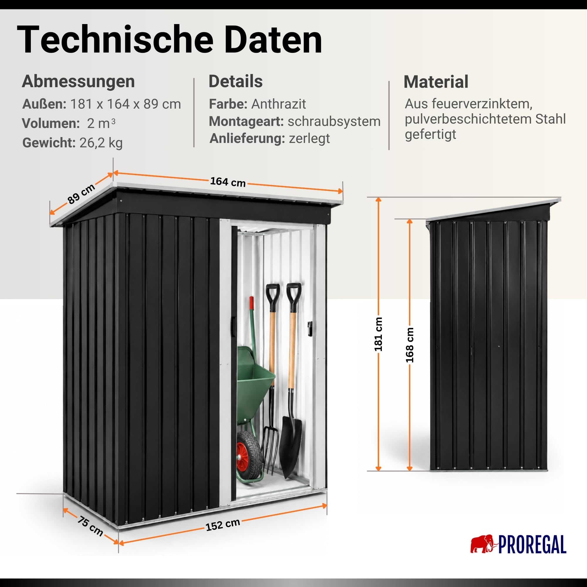 PROREGAL Gartenhaus Gerätehaus Eden Metall Klein für Garten mit Pultdach, 2 m³, abschließbarer Schiebetür 182x161x88cm Anthrazit Geräteschuppen wetterfest Gartenhütte Outdoor