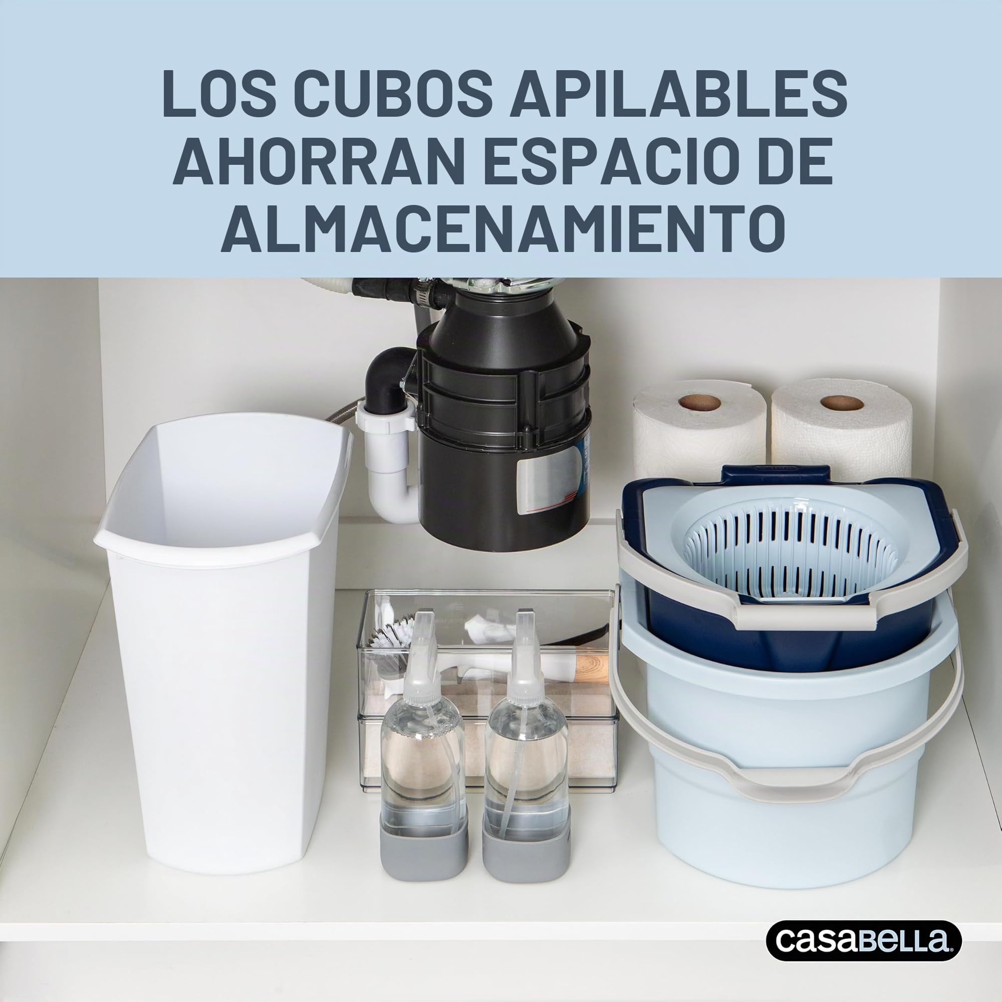 Casabella Sistema de fregona giratoria de agua limpia con recambio de cabezal de fregona adicional, sistema de fregona de diseño de dos cubos, protector contra salpicaduras, taza de medición integrada