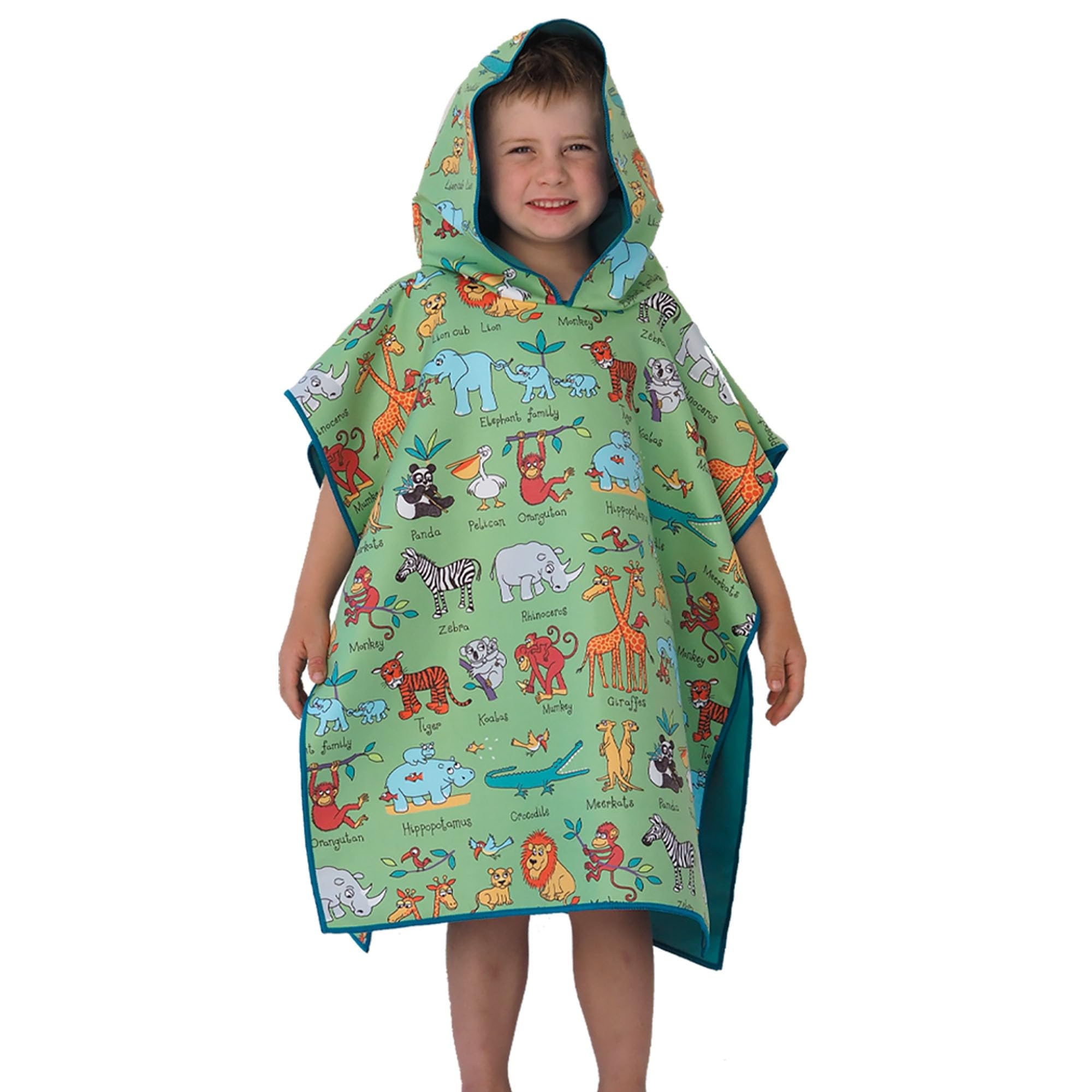Tyrrell Katz Kids Jungle Hooded Poncho Towel, Green, Microfibre, Quick Dry, Beach Swim Bath Changing Robe for Boys & Girls, Age 2-6