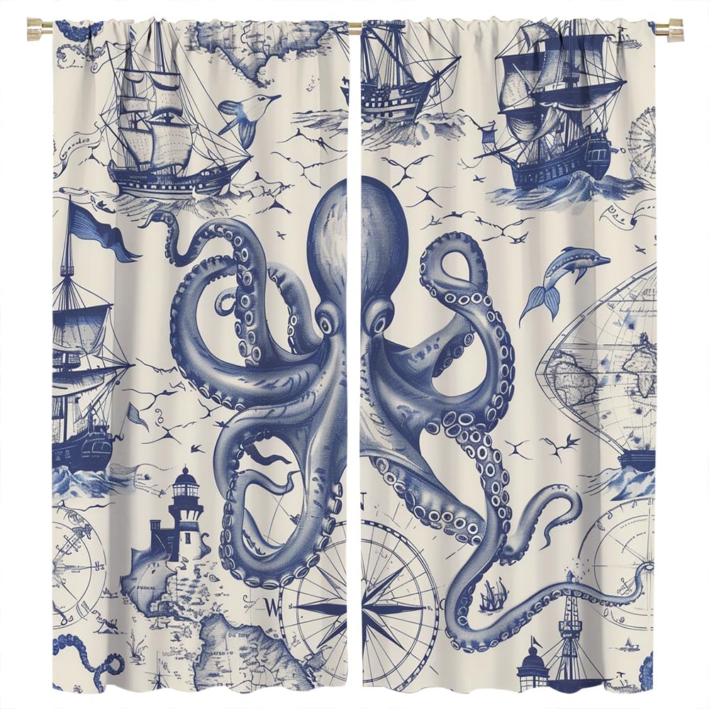 FYFMUSHE Colorful Nautical Octopus Room Darkening Rod Pocket Curtain Rustic Sea Boat Nautical Window Treatment Thermal Insulated Curtains for Bedroom 140cm W x 160cm L