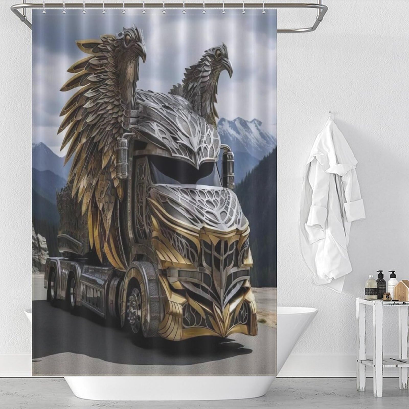 Rideau de douche étanche et lavable avec motif camion polyester anti-moisissure