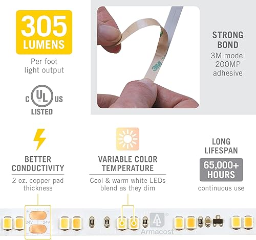 Miniatura 4 de Armacost Lighting RibbonFlex Pro - Tira de luz LED blanca de 24 V con atenuación a calor de 32 pies 328ft 185250
