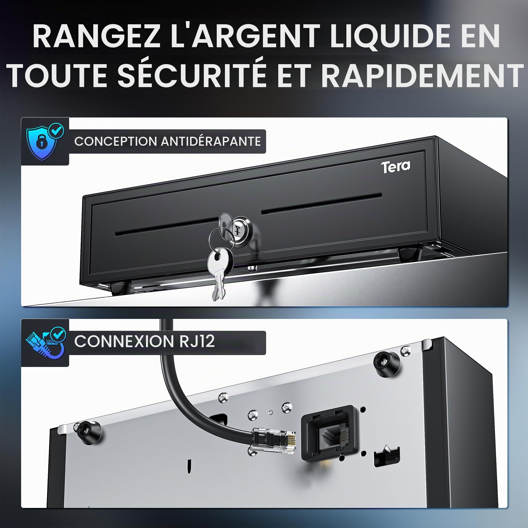 Tera Tiroir-Caisse Métallique Verrouillable avec Monnayeur: 41 × 41,6 × 11,3 cm 4 Compartiments Billets 8 Pièces avec Insert RJ12 Clés pour Caisse Enregistreuse Commerce Supermarché M415