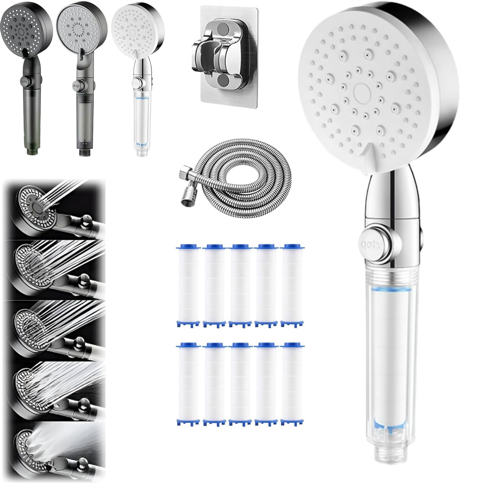 HydroBoost High Pressure 5 - Mode Filtered Shower Head, Universal G1/2” Connector, Filtered Shower Head with Handheld, Built-in Power Wash for Hard Water, Tool-Free Installation (White)