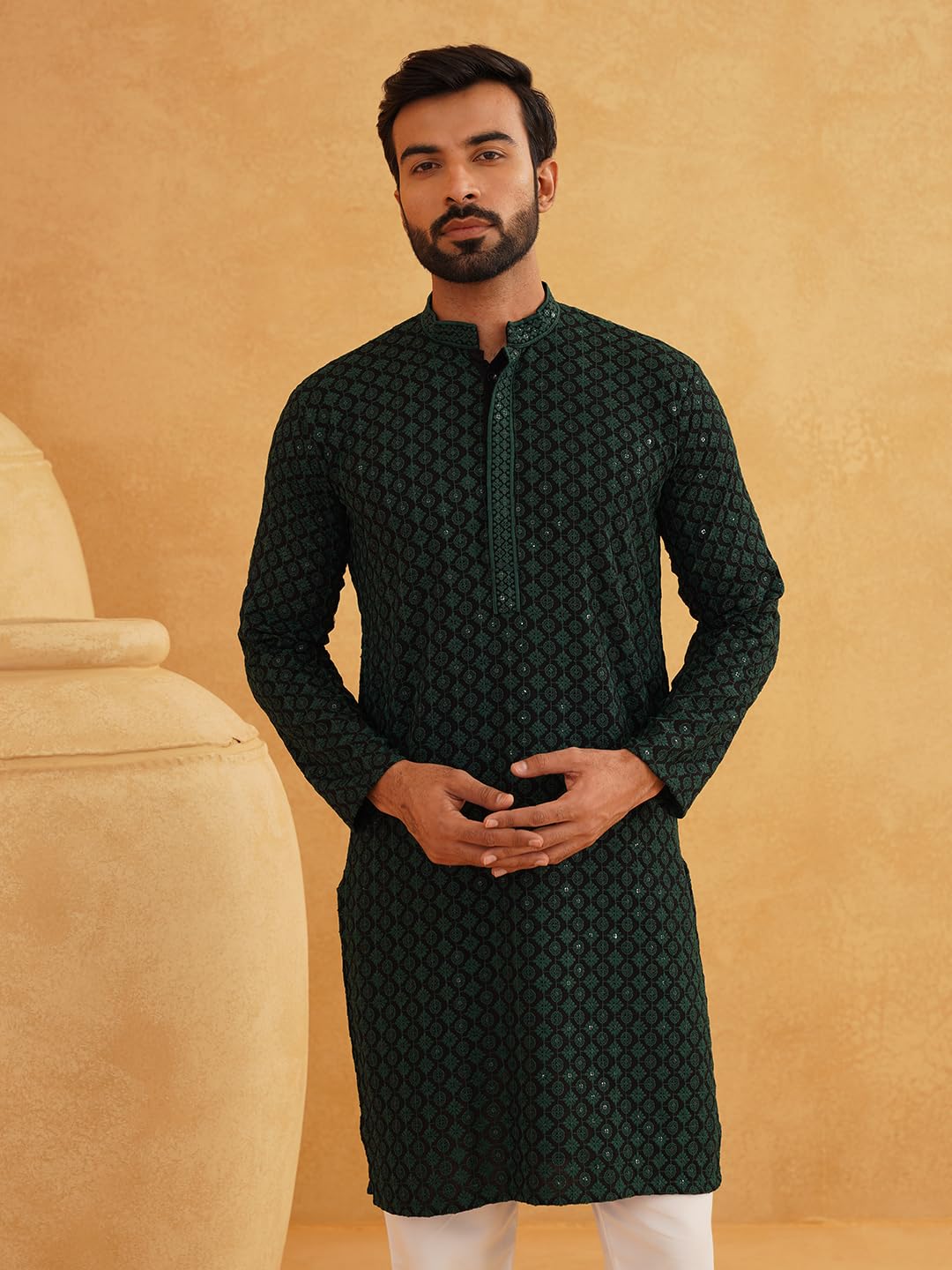 Sojanya (Since 1958 Men's Cotton Contrast Embroidered Sequinned Green Long Kurta Size 42