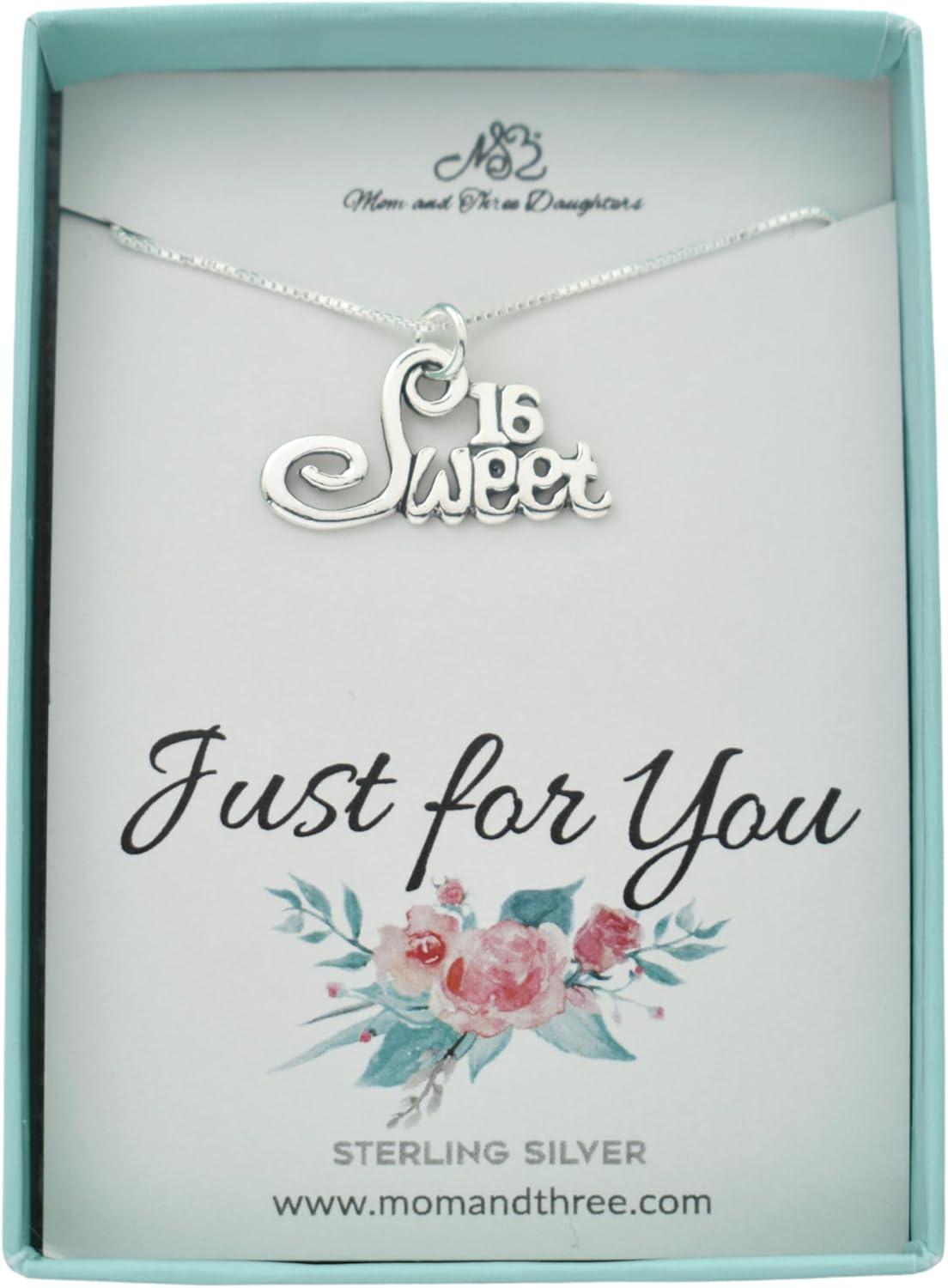MOM & THREE DAUGHTERS Sweet 16 Necklace | 16" Sterling Silver Box Chain | Sweet 16 Gift I 16th Birthday Gift