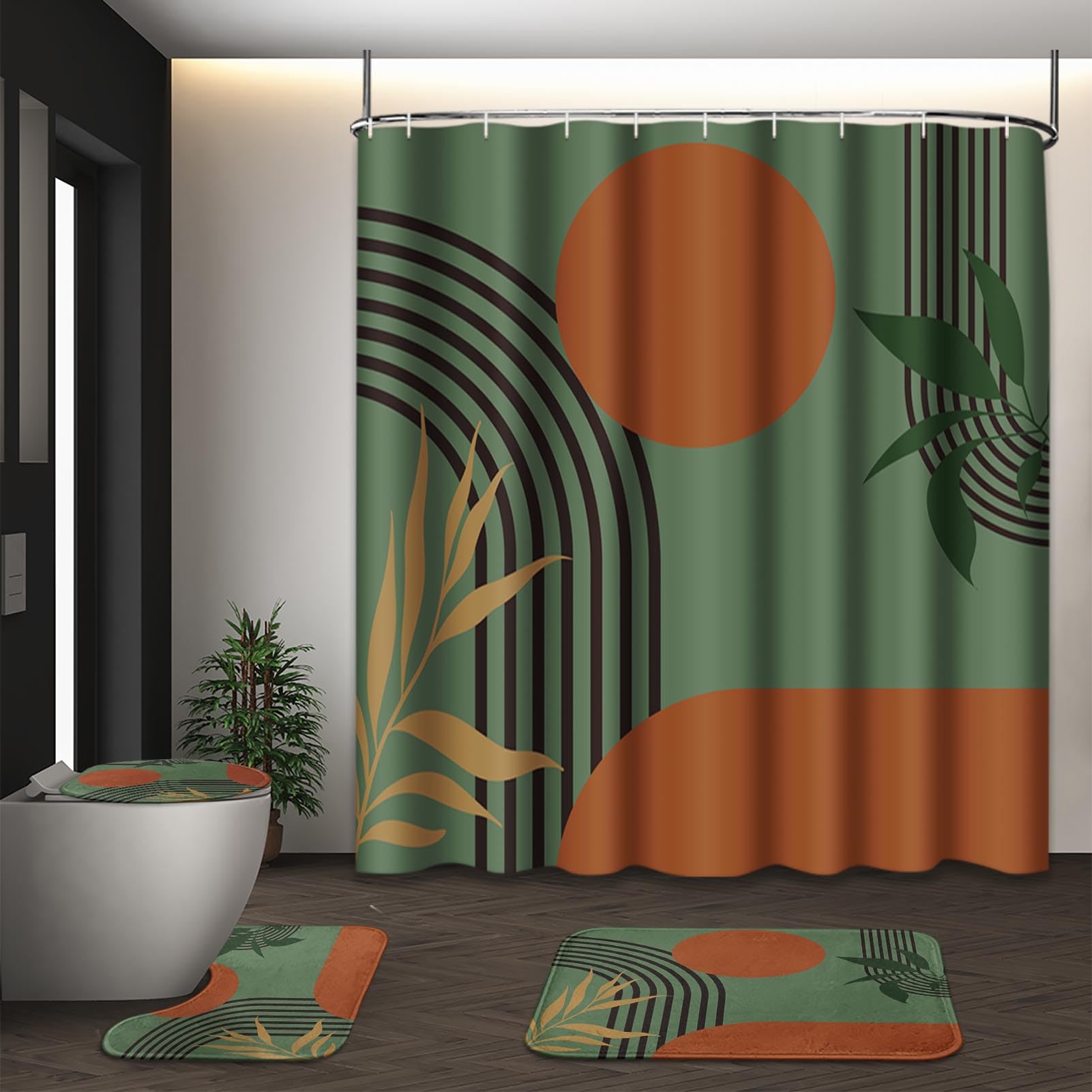 Tayney Boho Mid Century Shower Curtain Set with Toilet Lid Cover and Non-Slip Rugs, Green Background 4 Pcs Modern Minimalist Shower Curtain for