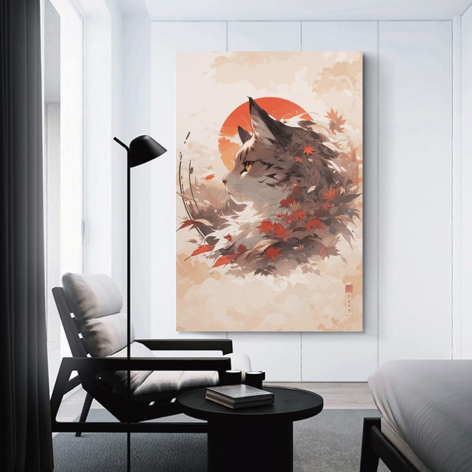 Junmoney Autumn Leaves Cat Art Print Decorative Wall Artwork, 20x30inch(50x75cm), for Home Lounge, Bedroom Or Reading Nook, Eye Catching Artwork for Blank Walls