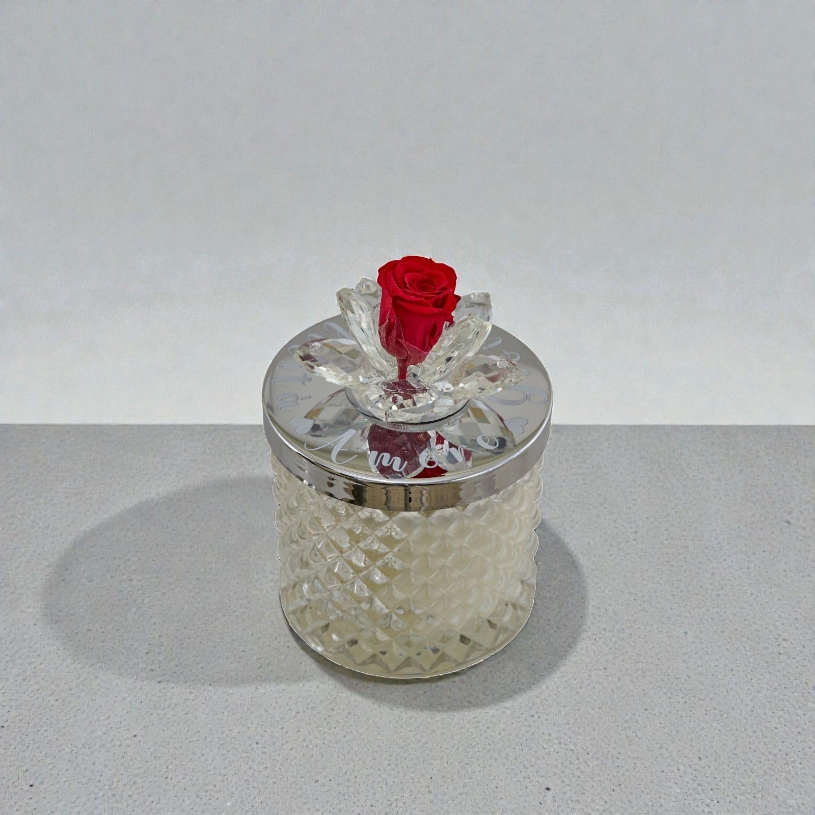 Doni Bomboniere 1 bougie en cristal parfumée fleur rouge et argent pour communion, confirmation, cadeau maître, fin d'année, fête des mères, boîte en verre cœur