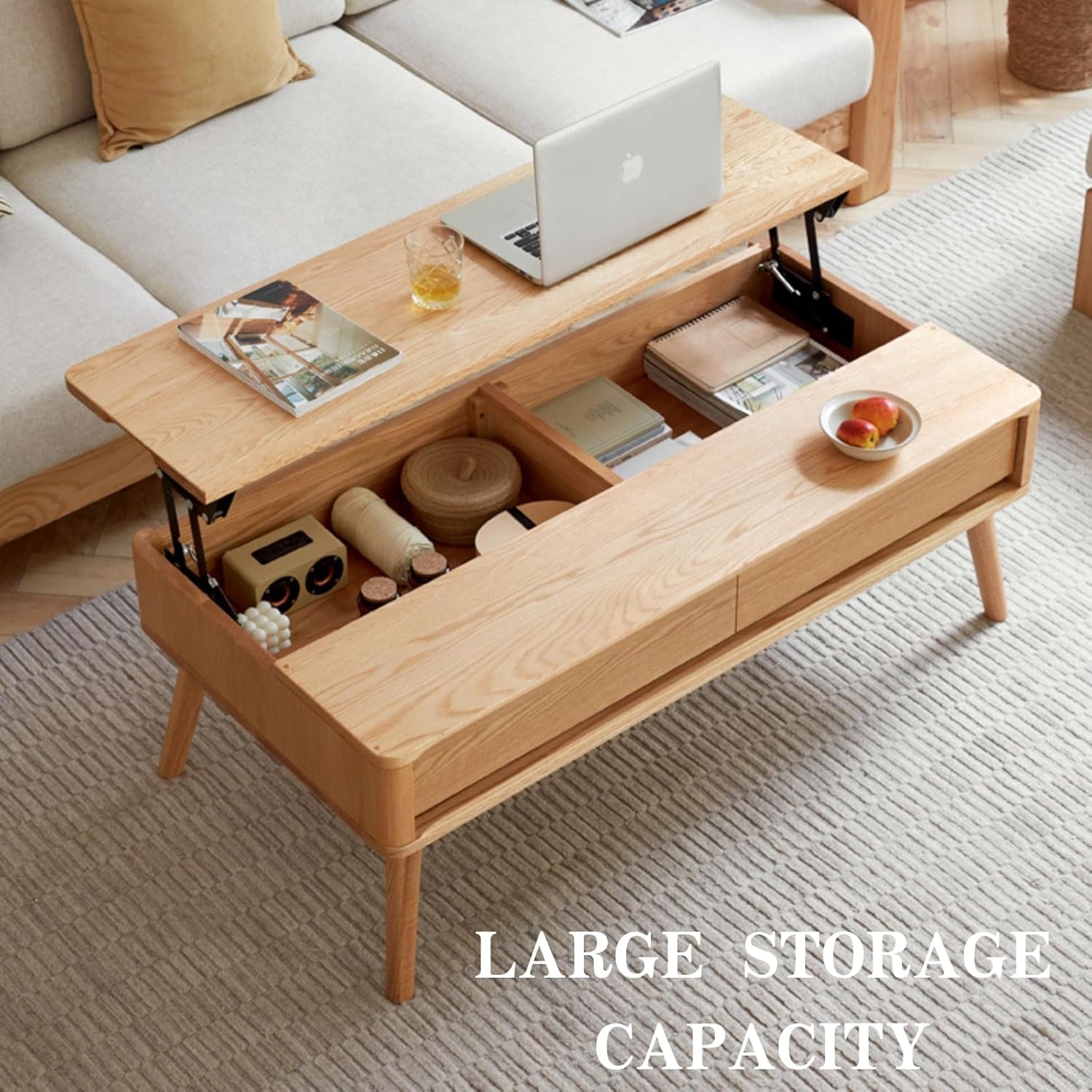 Lift Top Coffee Table with Storage - 100% Solid Oak Wood Lift Coffee Table - 39 Inch Wooden Coffee Table for Living,Dining and Working