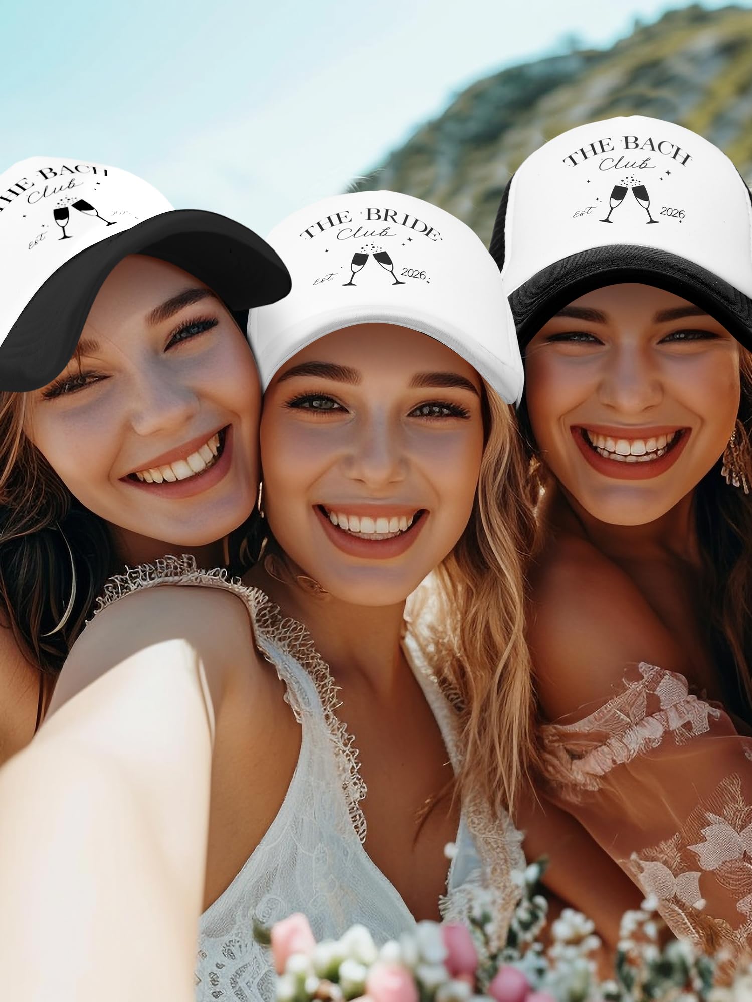 Shyyween El paquete de 8 gorras para despedida de soltero incluye 7 sombreros de camionero del club de Bach, 1 paquete de gorra de novia del club de la novia, propuesta de gorra de playa, despedida de