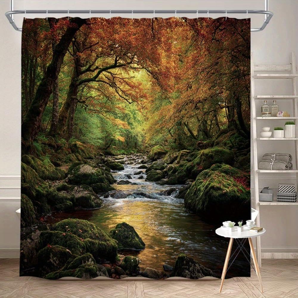 Glwdmb C-14 1 Piece 180X180cm Autumn Forest Stream Printed Shower Curtain With Hook, Polyester, For Windows And Walls, Bathtub, Bathroom, Machine Washable, All Season Universal