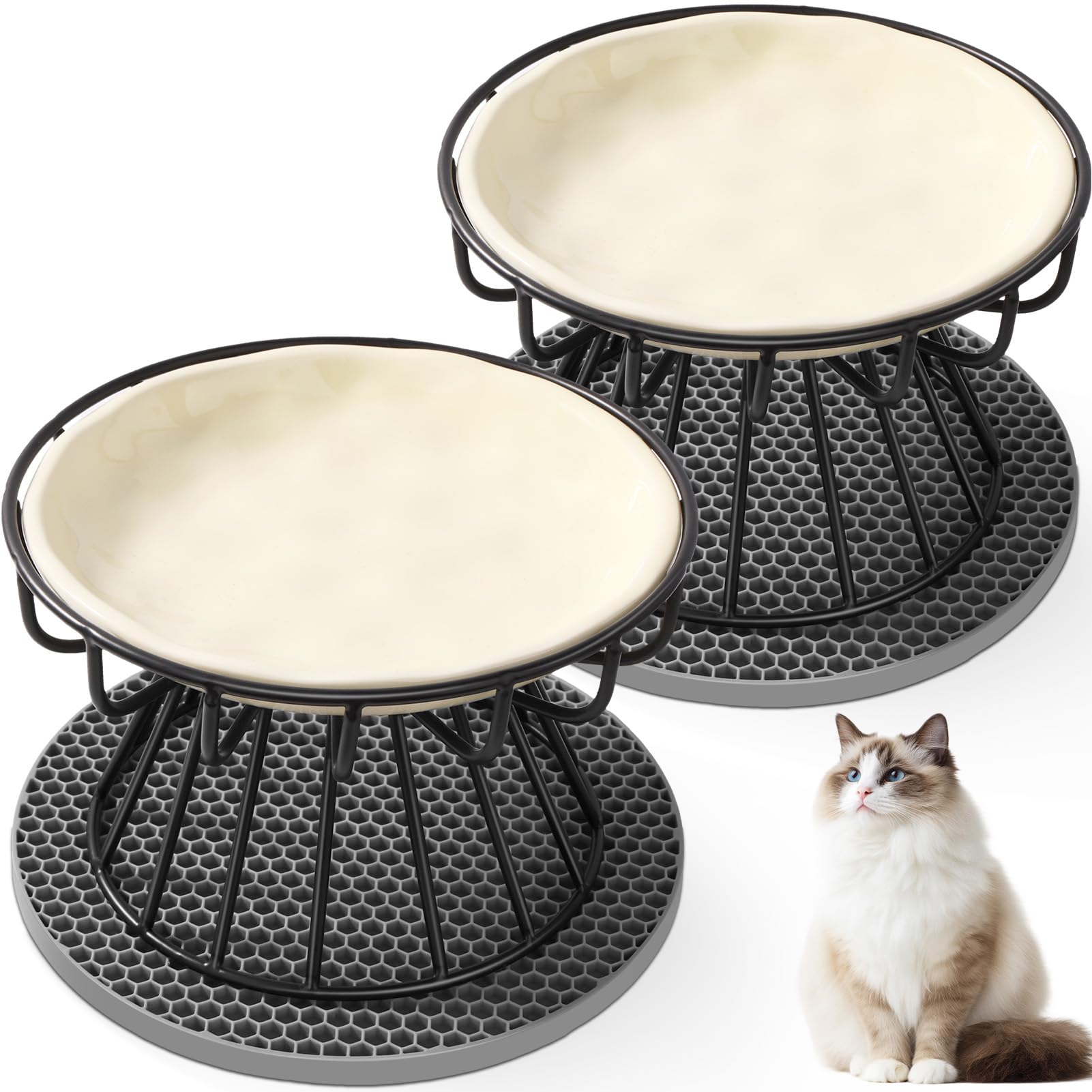 Set de 2 Comederos Gato Elevado, Comedero Gatos con Soporte y Alfombrilla Antideslizante, Comedero Gato Ceramica, Pet Cat Tazones Perro Pequeño - Beige