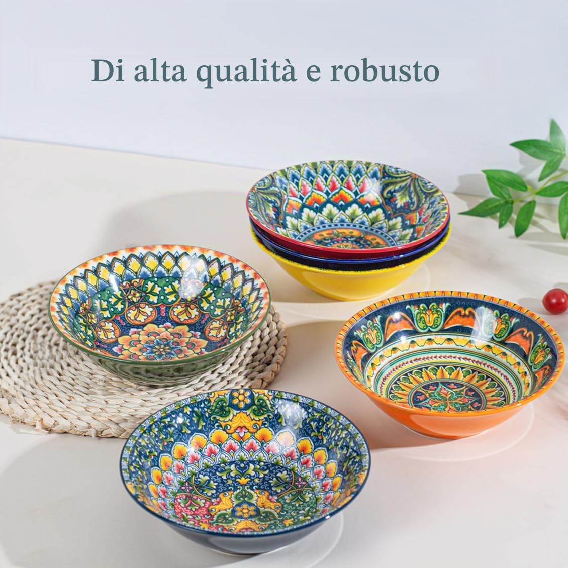 Henten Home Ciotole per Zuppa, Piatti Fondi Colorati in Ceramica - 900ml - Set di 6, Ciotole per Zuppa/Grandi Insalatiere Adatti al Forno a Microonde e Lavastoviglie - Stile Boho