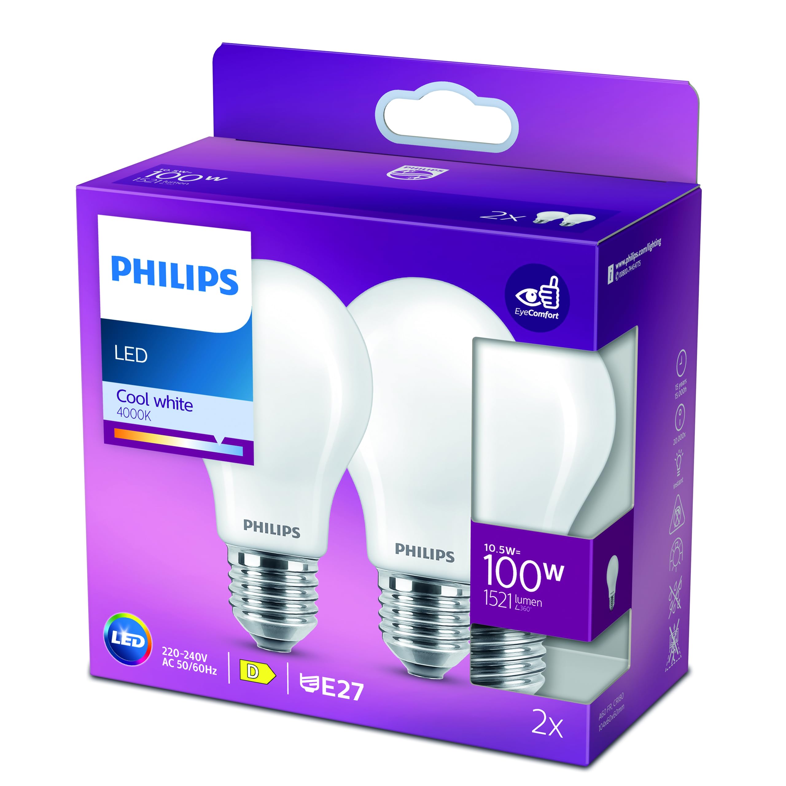 Philips LED Classic A60 Frosted Light Bulb 2 Pack E27 Edison Screw 10.5-100W New