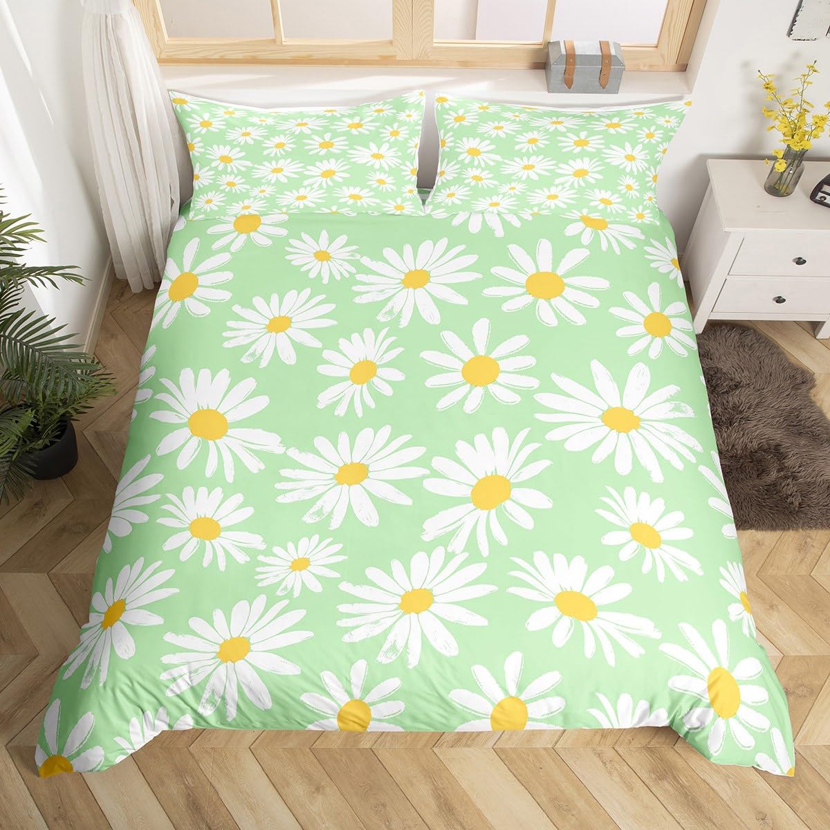Girls Wildflower Daisy Bedding Set,Green Daisy Floral Duvet Cover for Teens,Kids Cartoon Flowers Comforter Cover Decorative Room,Children Country Style Quilt Cover with 2 Pillowcases,Double Size