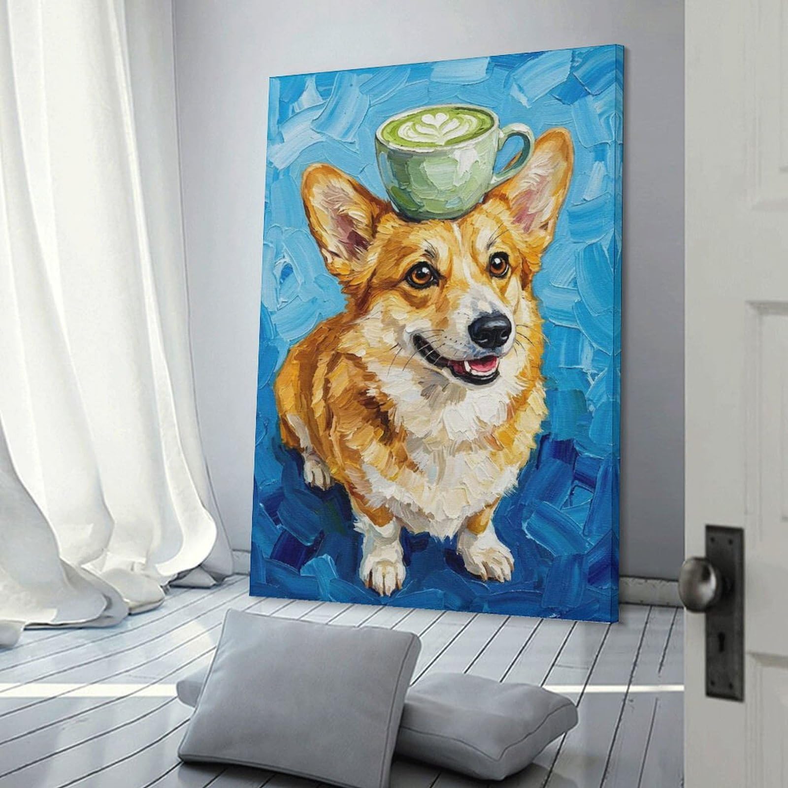 Junmoney Corgi with Matcha Latte Hat Canvas Art Print 24x36inch(60x90cm), for New Homes, Bedrooms Or Workspaces, Gift Idea for Housewarming And Birthdays