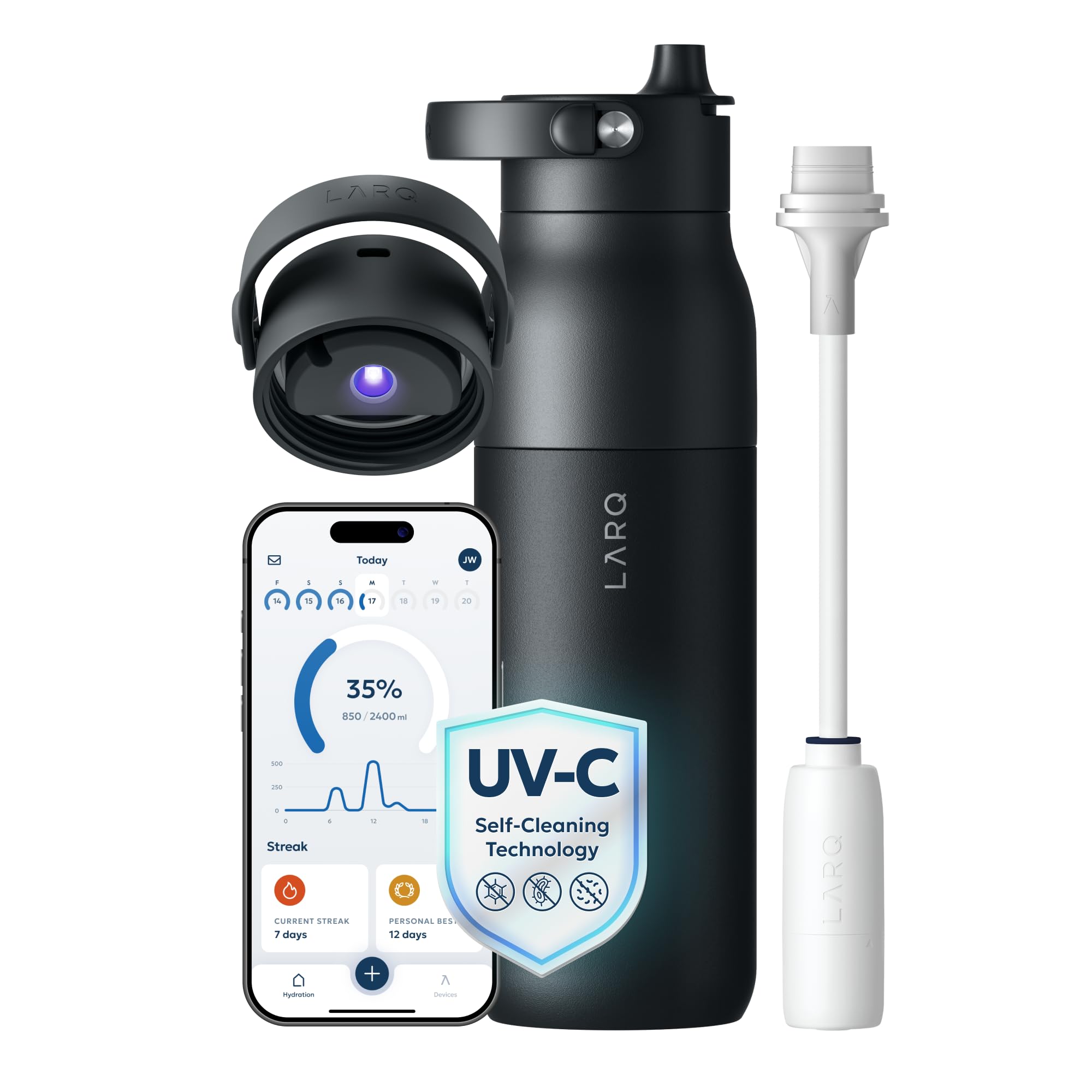 Bottle PureVis 2 - UV Water Purifier with Self-Cleaning, App Hydration Tracking, Filter Straw, Detachable Handle, Double-Wall Insulated