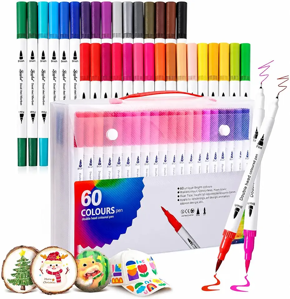 Canetas Brush Pen Ponta Dupla 60 Cores para Livros de Colorir, Desenho, Ilustração e Lettering, Ponta Fina 0,4 mm e Pincel 1-2 mm, Base de Água