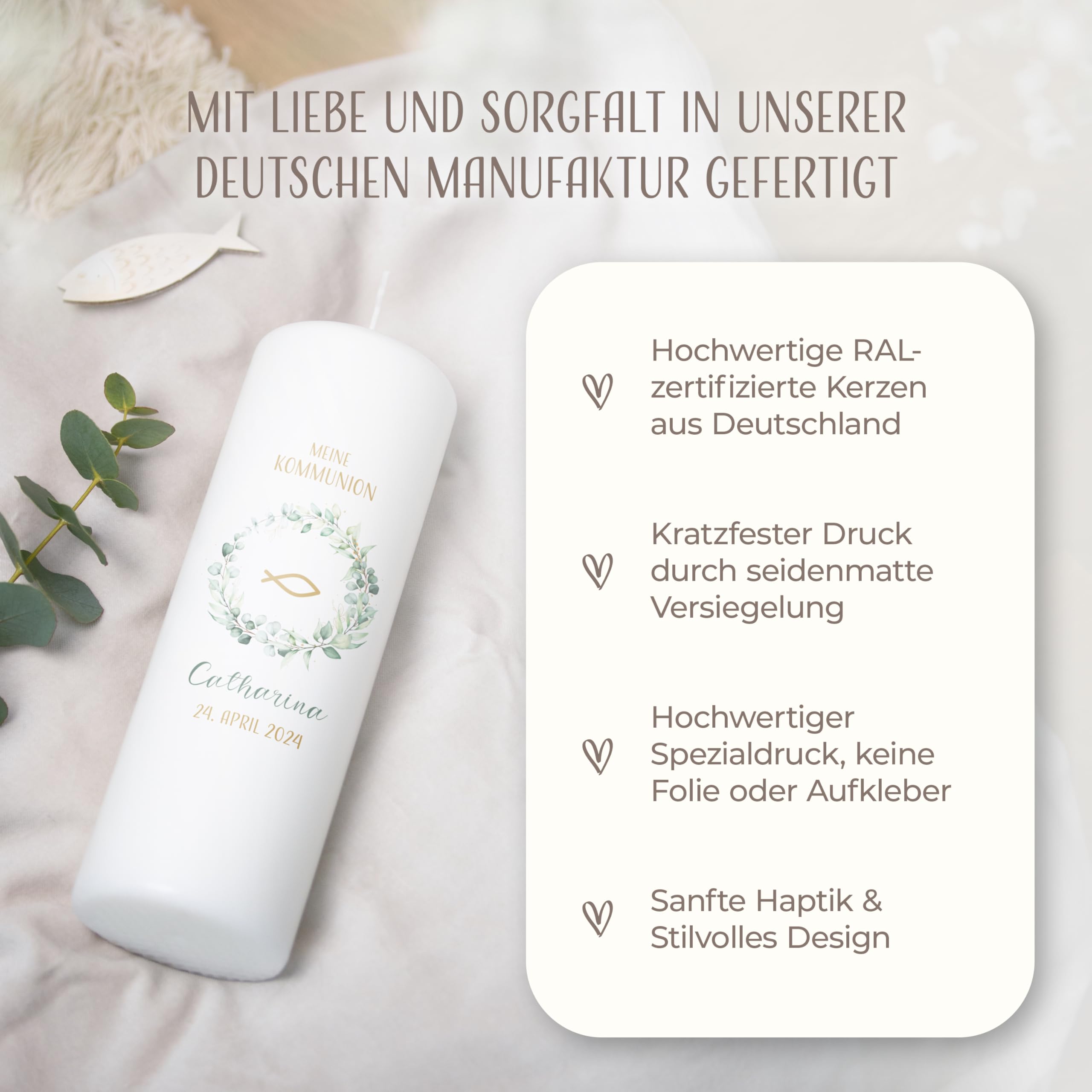 AMARI ® Kommunionkerze personalisiert "Eukalyptus Fisch" H:25cm/⌀:8cm - Personalisierte Kommunionkerze für Jungen & Mädchen – Kerze zur Kommunion selbst gestalten