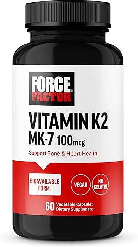 FORCE FACTOR Vitamina K2 MK-7 de 100 mcg, suplementos de apoyo óseo para mujeres y hombres, apoya la salud cardíaca, la densidad ósea y más, forma