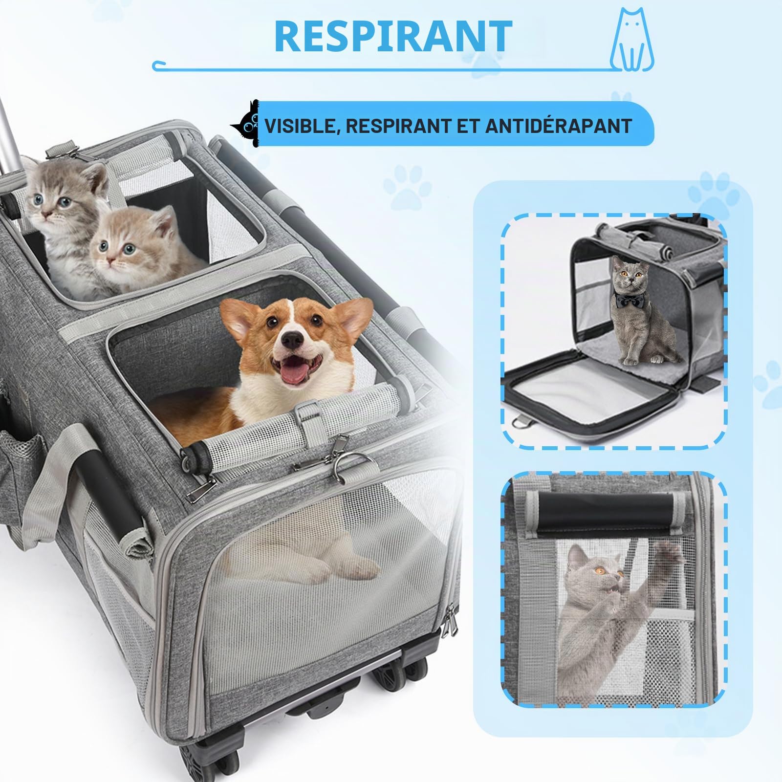 Sac à roulettes pour Chat Chien Pliable Transporteur Roulant, Sac de Transport Chats Poignée Télescopique Bandoulière pour 2 Chats et Petits Chiens jusqu'à 20 kg, Design ventilé