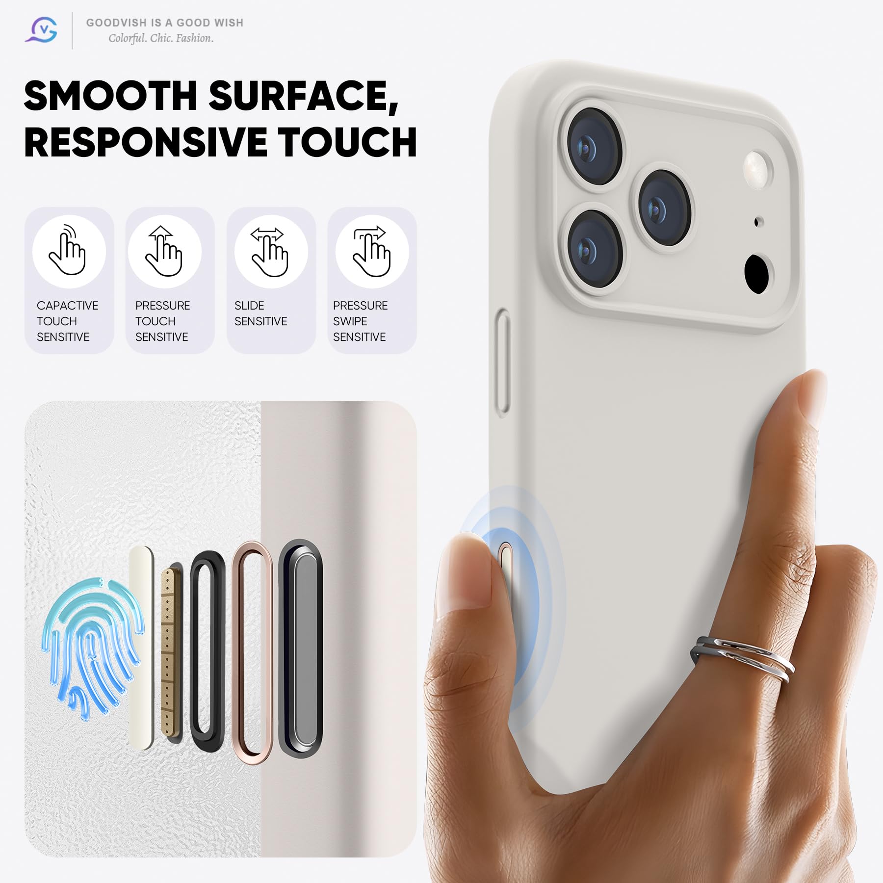 GOODVISH Silicone Cover per iPhone 17 Pro 6.3", Custodia con 2x Vetro Temperato [Pulsante Controllo Fotocamera] 360° Protezione Anticaduta Case per Cellulare Antiurto Resistente, Grigio Pietra