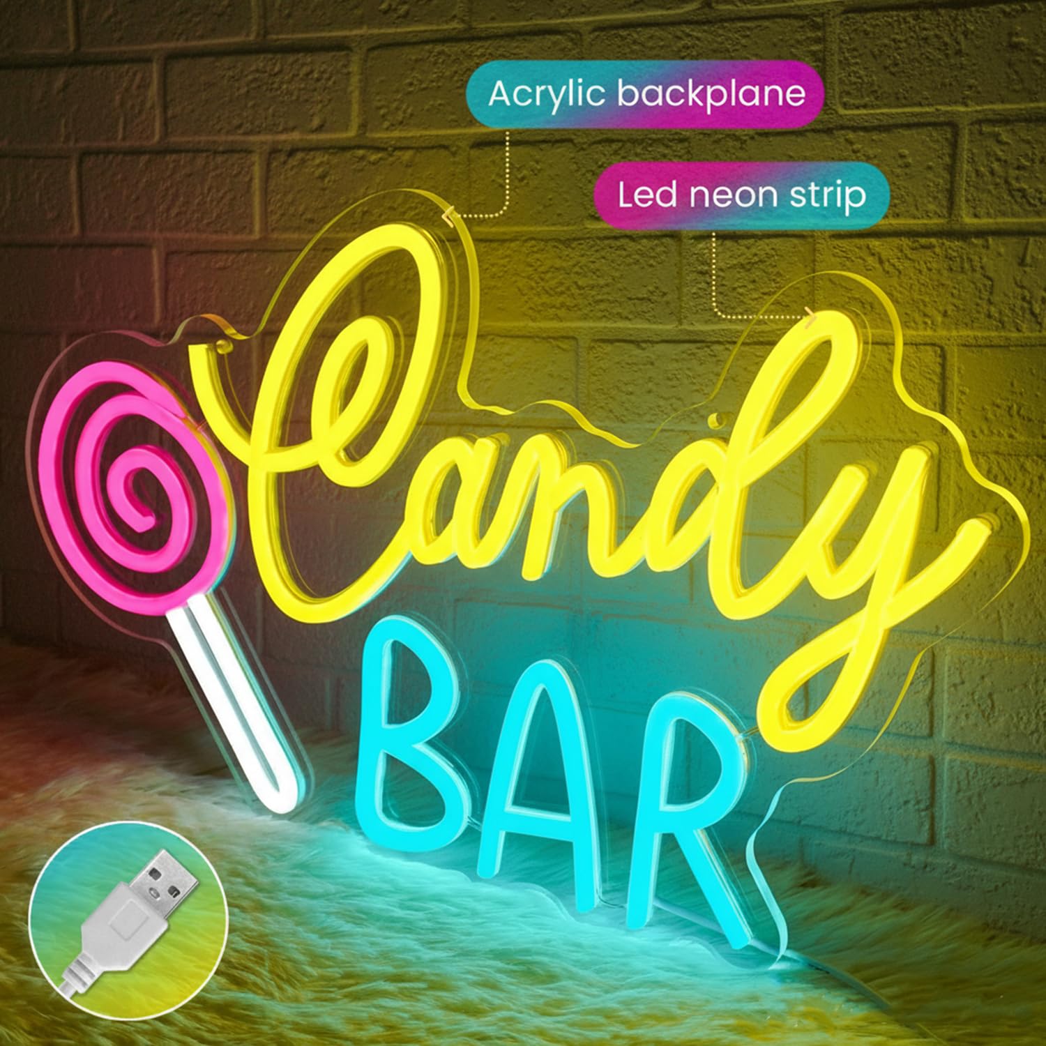 Candy Bar letrero de neón, señal de neón piruleta para tienda de dulces, LED de caramelo regulable luz de neon para cocina tienda dulces barra postres cumpleaños boda fiesta regalo