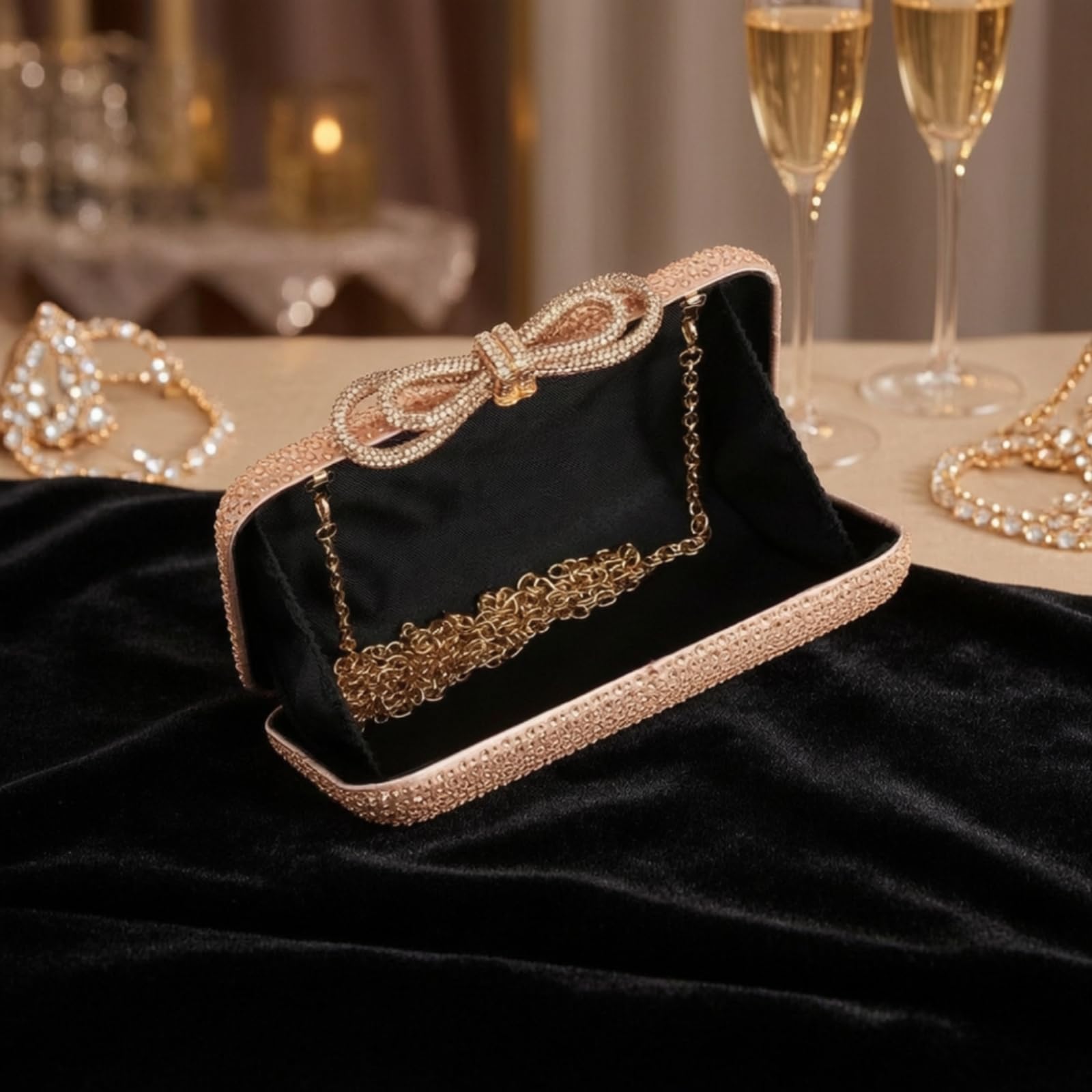 Bolso de Fiesta para Mujer Bolso Clutch Cartera de Mano Bolso de Noche Cartera Elegante con Cierre Metálico Exterior con Brillo de Pedrería Estuche, Array, Negro