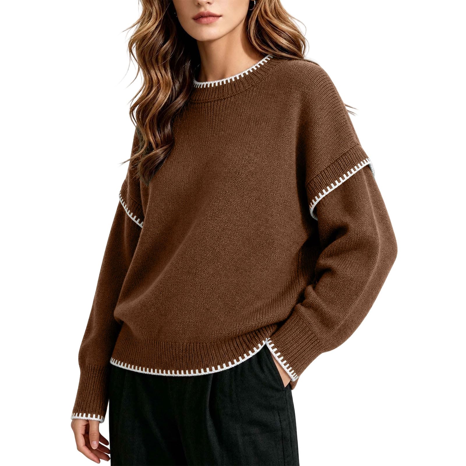 Strickpullover Damen Wolle Sweatshirt Ohne Kapuze Pullover Rundhals Langarm Sweater Farbblock Zopfmuster Strickpulli Warme Winterpullover Oversized Oberteile Elegante Langarmshirt Strick Pulli