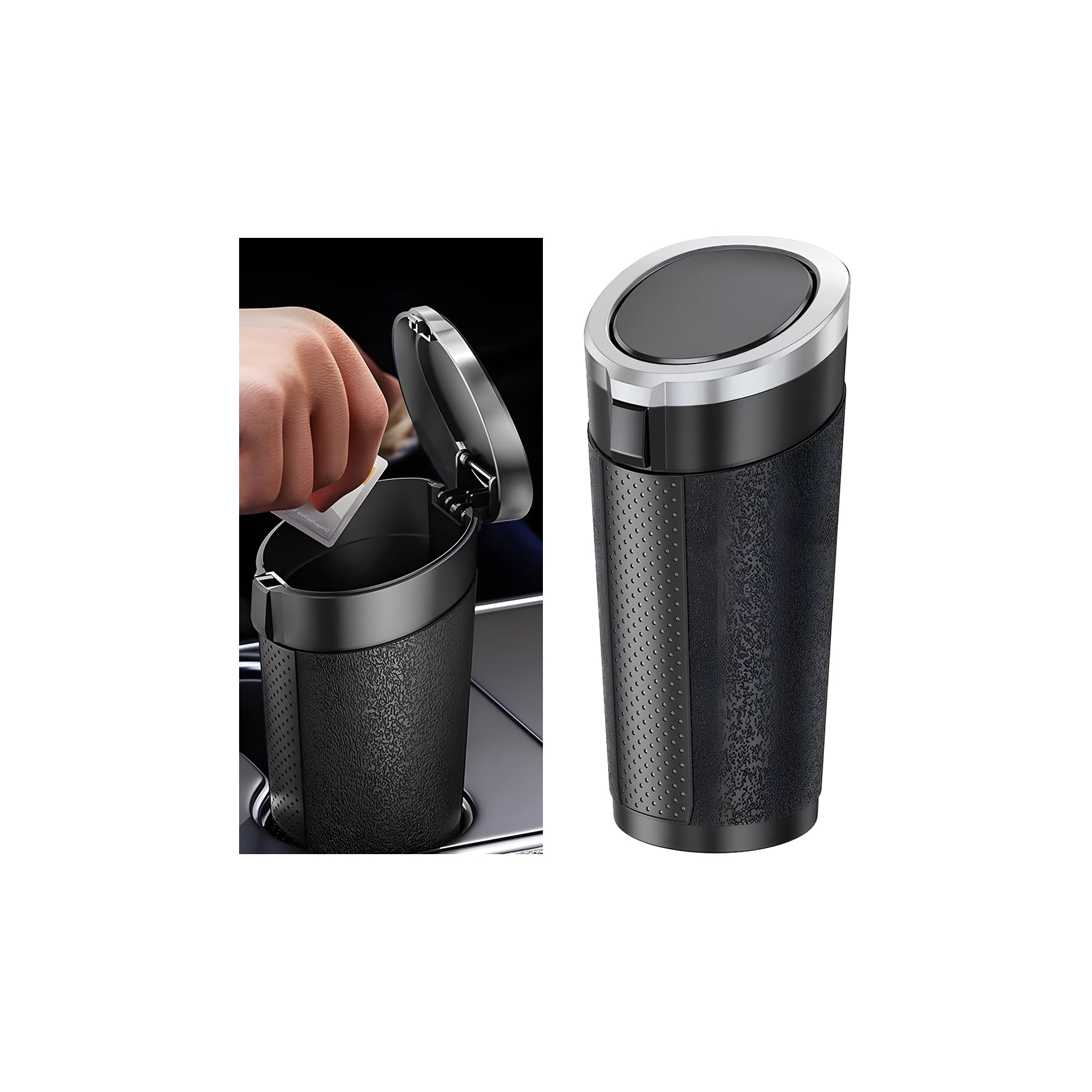Sandfren - Mini cubo de basura para coche, a prueba de fugas, con portavasos y tapa, organizador de almacenamiento interior universal para SUV, sedán y camión, color negro y plateado