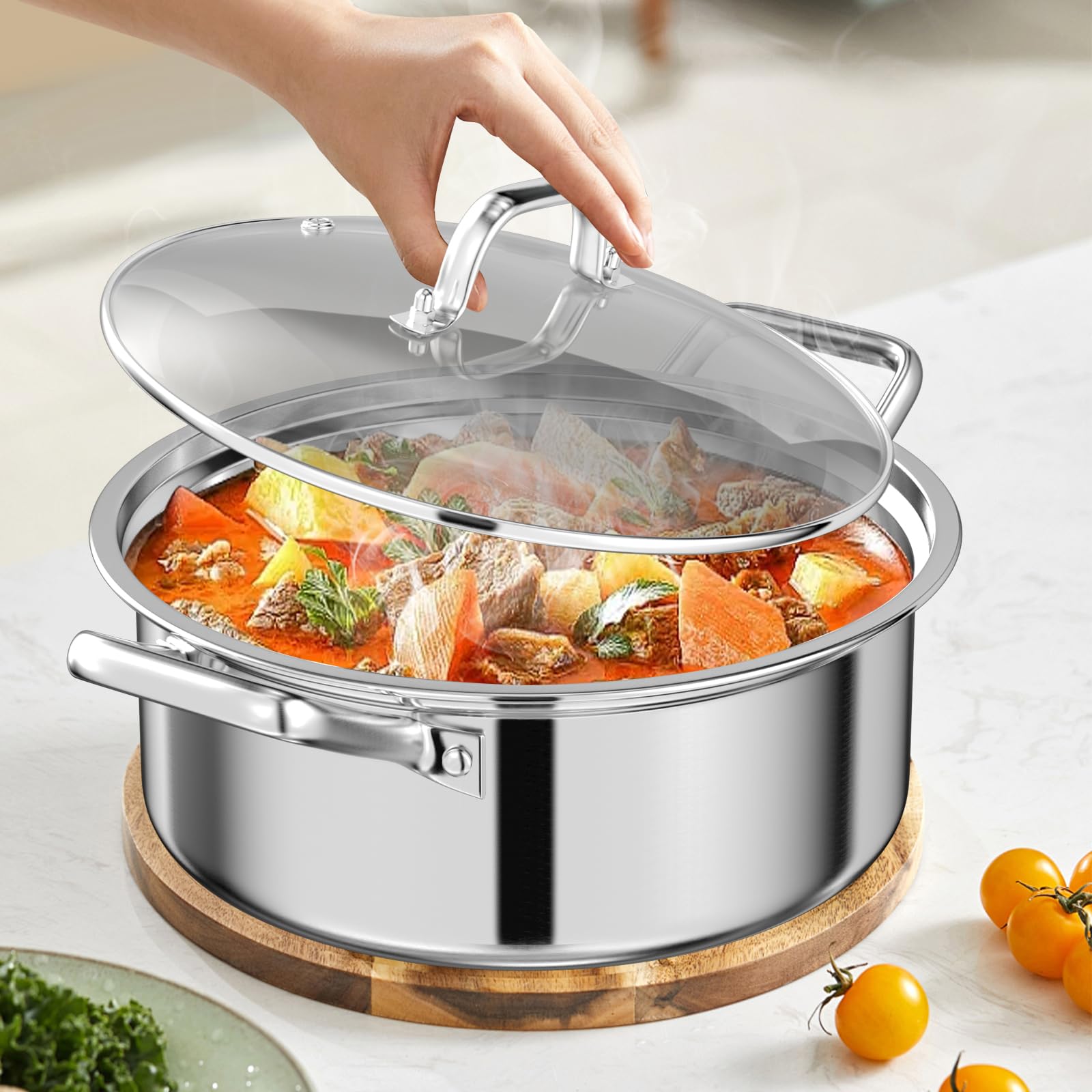 Casseruola Acciaio Inox 28 cm, Padella per Stufare 6 L, Tegami Bordo Alto 3 Strati, Pentola Bassa con Coperchio in Vetro, per Tutti i Tipi di Piano Cottura, Lavabile in Lavastoviglie
