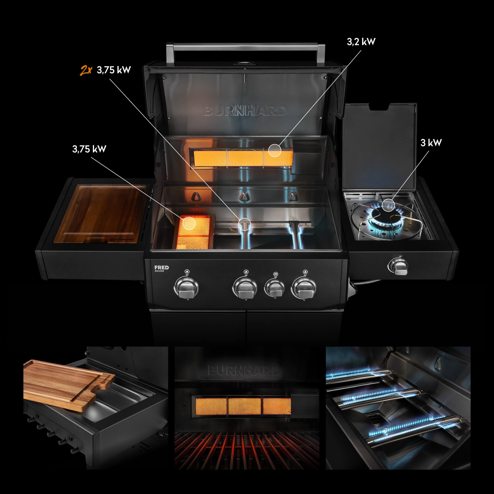 BURNHARD® Gasgrill 3-Brenner 2x Edelstahl-Stabbrenner 3,75 kW, 1x Infrarot-Keramikbrenner 3,75 kW, Gussrost, Piezo-Zündung – FRED Deluxe