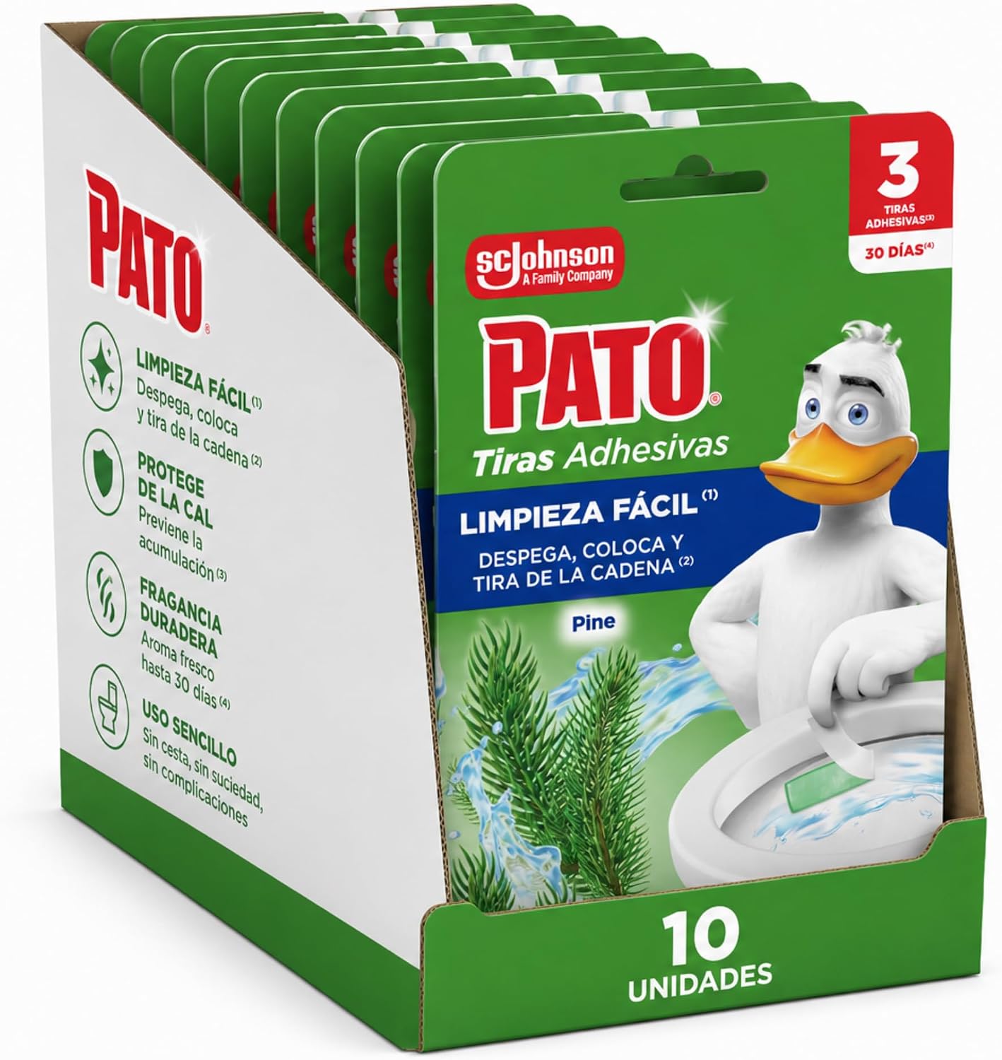 Pato Tiras Adhesivas WC Pino, Limpia, Refresca y Perfuma el Inodoro, Frescor Intenso, Pack de 10 = 30 Tiras