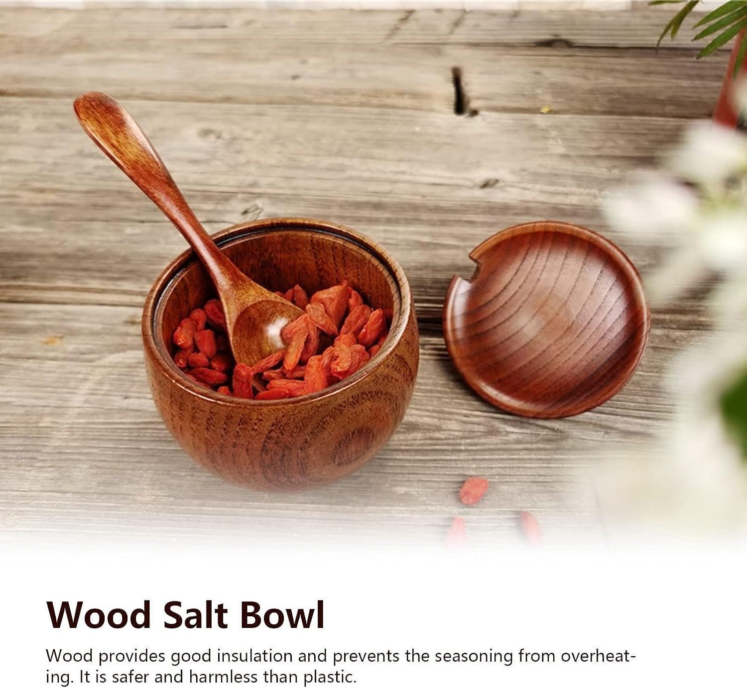 4 Pack Wood Salt Box Spice Jar, Wooden Salt Cellar with Lid and Spoon Japanese Style Sugar Bowl Pepper Seasoning Container Holder Salt Keeper Condiment Container Pots Wood Jar for Kitchen Condiment