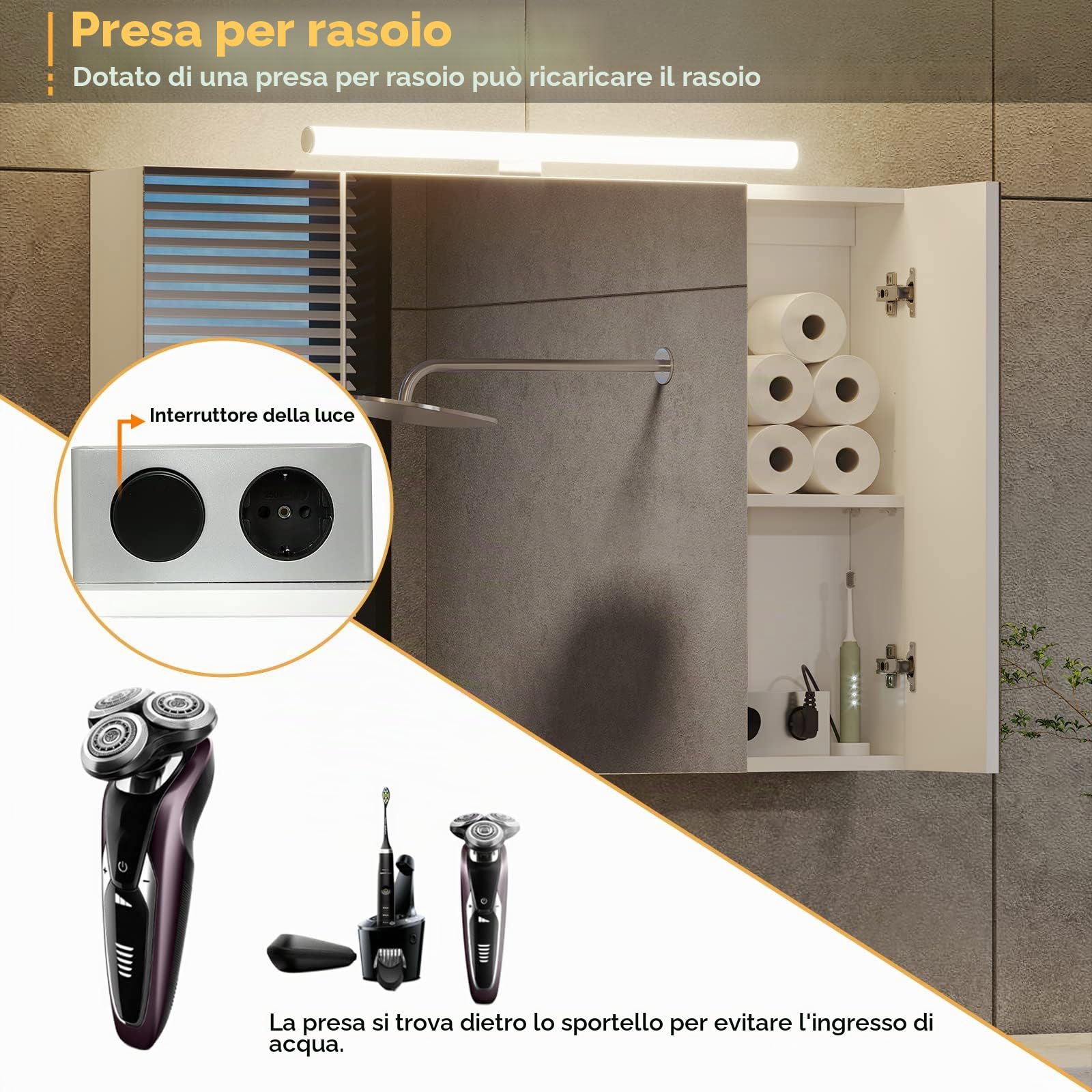 DICTAC Specchio Bagno Contenitore con Luce e Presa Elettrica Mobile Bagno con Specchio e Led illuminazione 90x16x60cm Armadio specchio Bagno con 3 ante e Mensola Regolabile,Bianco