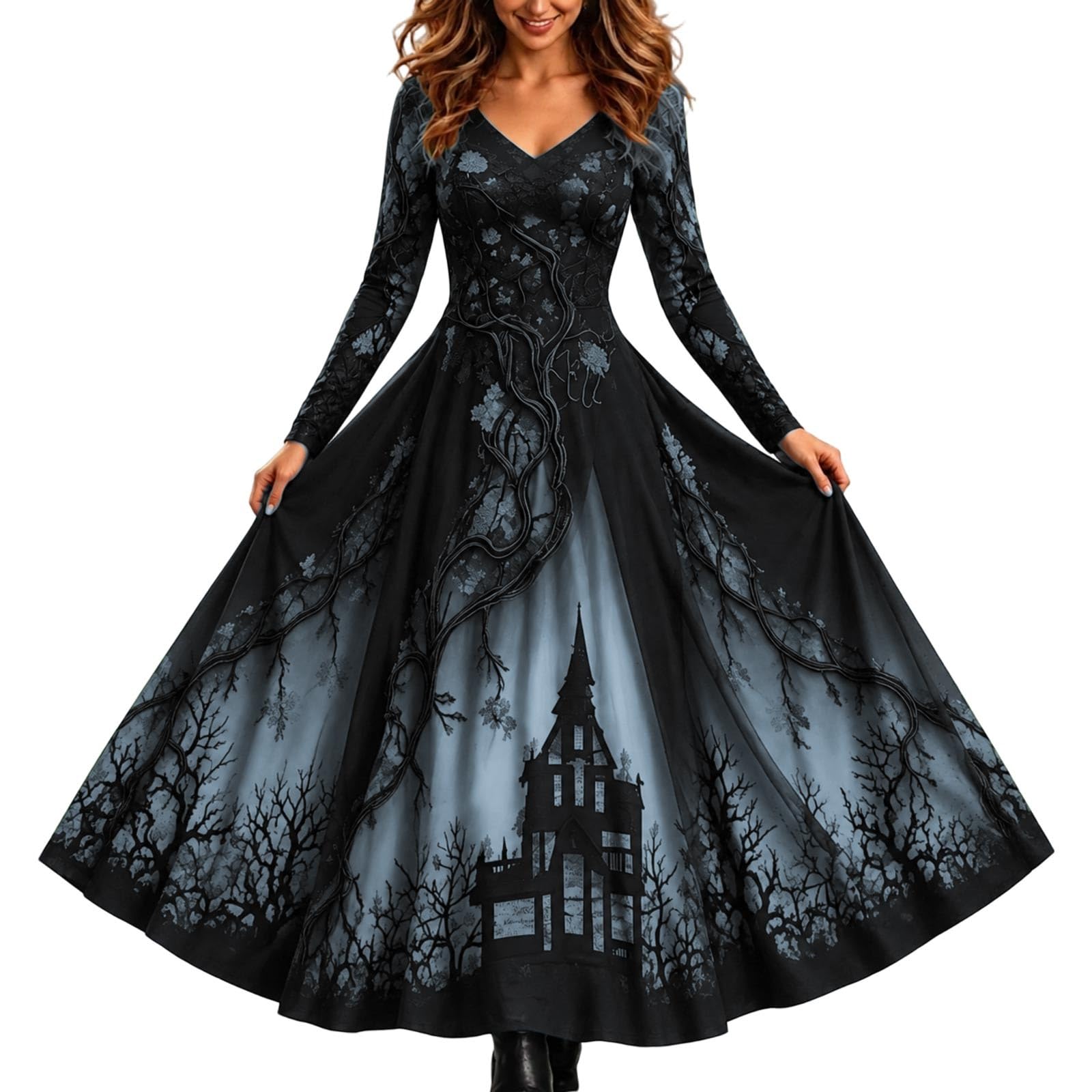Halloween Costume Women's Skeleton Dress Midi Dress Gothic Dress Halloween Fancy Dress Costume Skeleton Skull A-line Long Sleeve Midi Dress Calf Length Gothic Vintage Cosplay Party