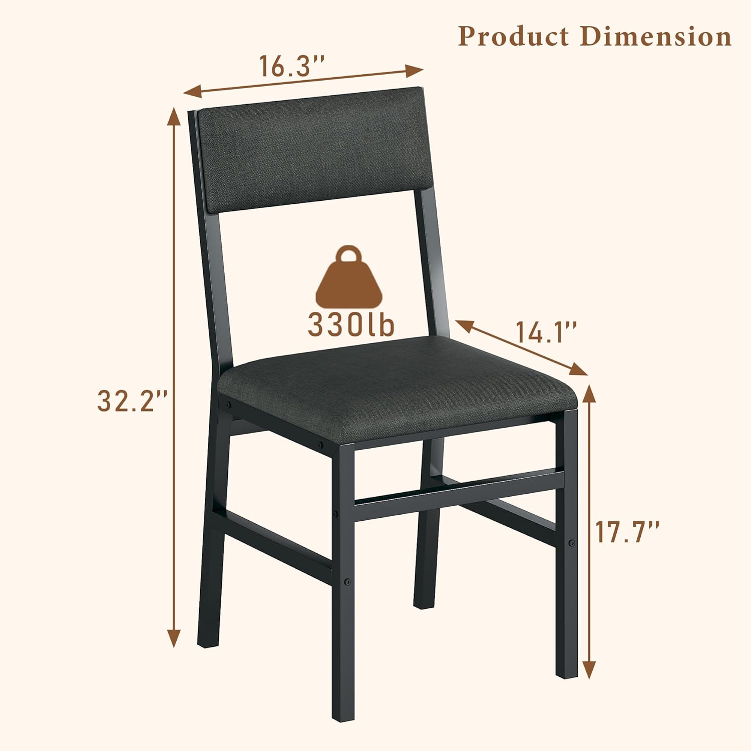 dining chairs set of 2, upholstered modern dining room chairs with ergonomic backrest, mdf board and metal legs, fabric kitchen chair for dining, kitchen and living room, easy assembly, black