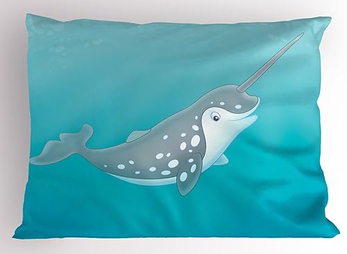 Ambesonne Funda de almohada de narval, diseño de dibujos animados de una ballena narval ártica con manchas blancas acuáticas, funda de almohada