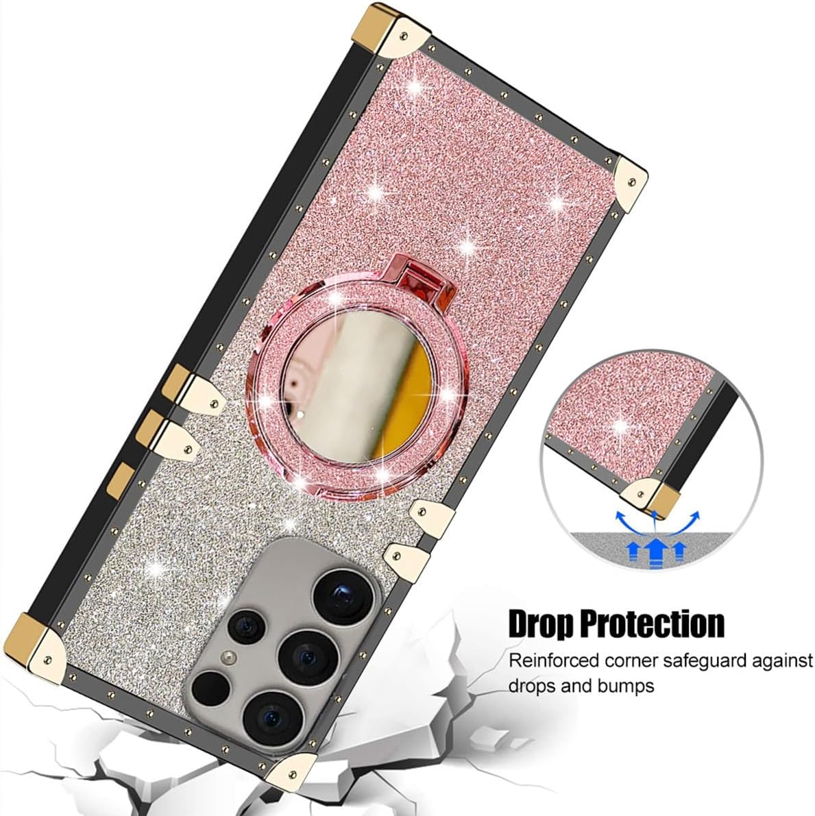 Magnetic Case for Samsung Galaxy S25 Ultra, Glitter Shockproof Protective Ring Holder Foldable Kickstand Make up Mirror Bling Girly Woman Soft Phone Cover for (Pink) - Image 7