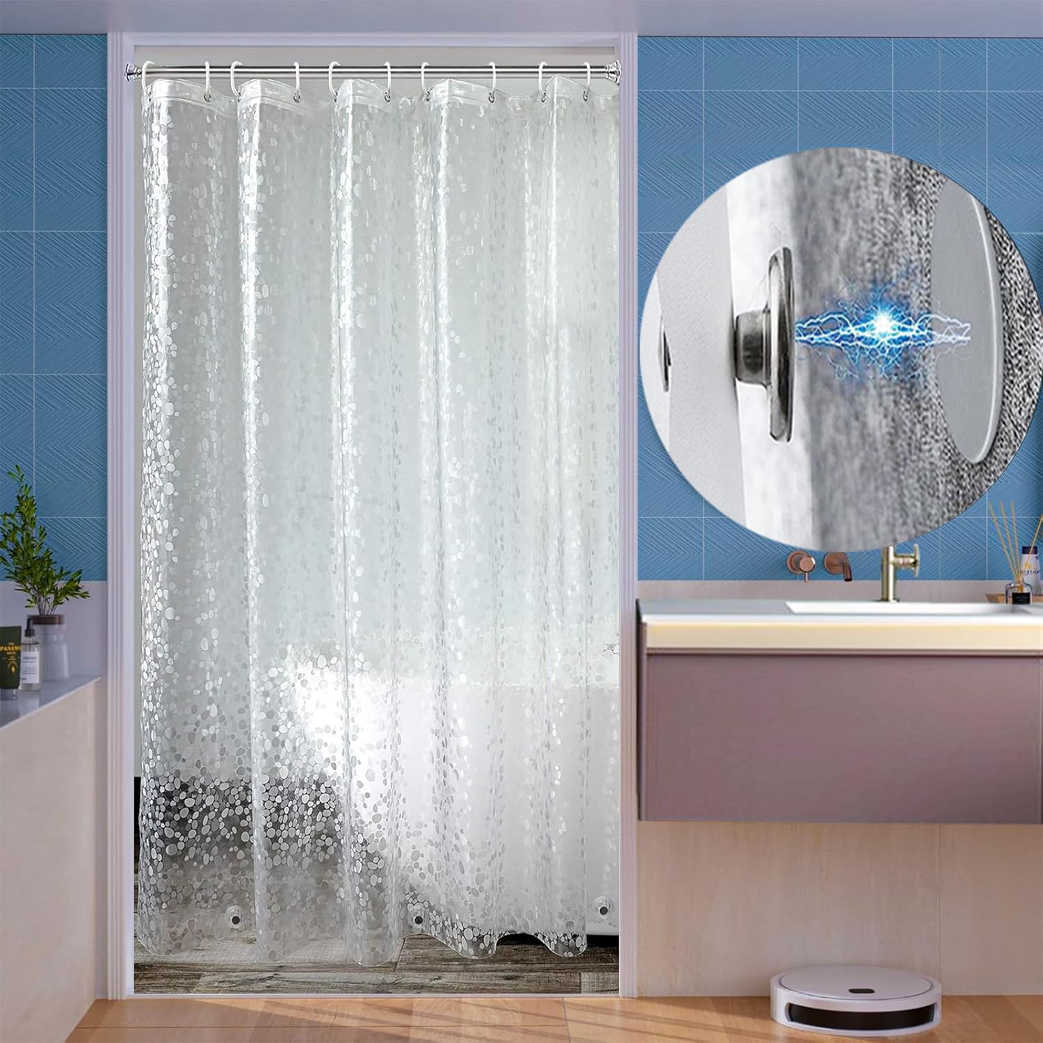Cortina de ducha de 120 x 200 cm, Eva transparente, impermeable, con 2 potentes imanes para baño, antimoho, antibacteriano, con 6 clips magnéticos gratuitos para evitar fugas