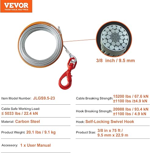 Miniatura 7 de VEVOR Cable de cabrestante de acero galvanizado, 38 pulgadas x 75 pies, 15,200 libras de resistencia a la rotura, cuerda de cabrestante de alambre