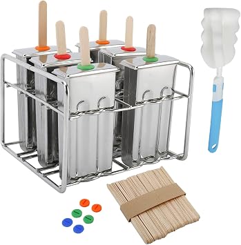 6 Sets Stainless Steel Popsicle Molds Rack and Accessories, Rust-Resistant Popsicle Maker, 6pcs Leak-Proof Silicone Seals, 50pcs Wooden Sticks and Bonus Cleaning Brush