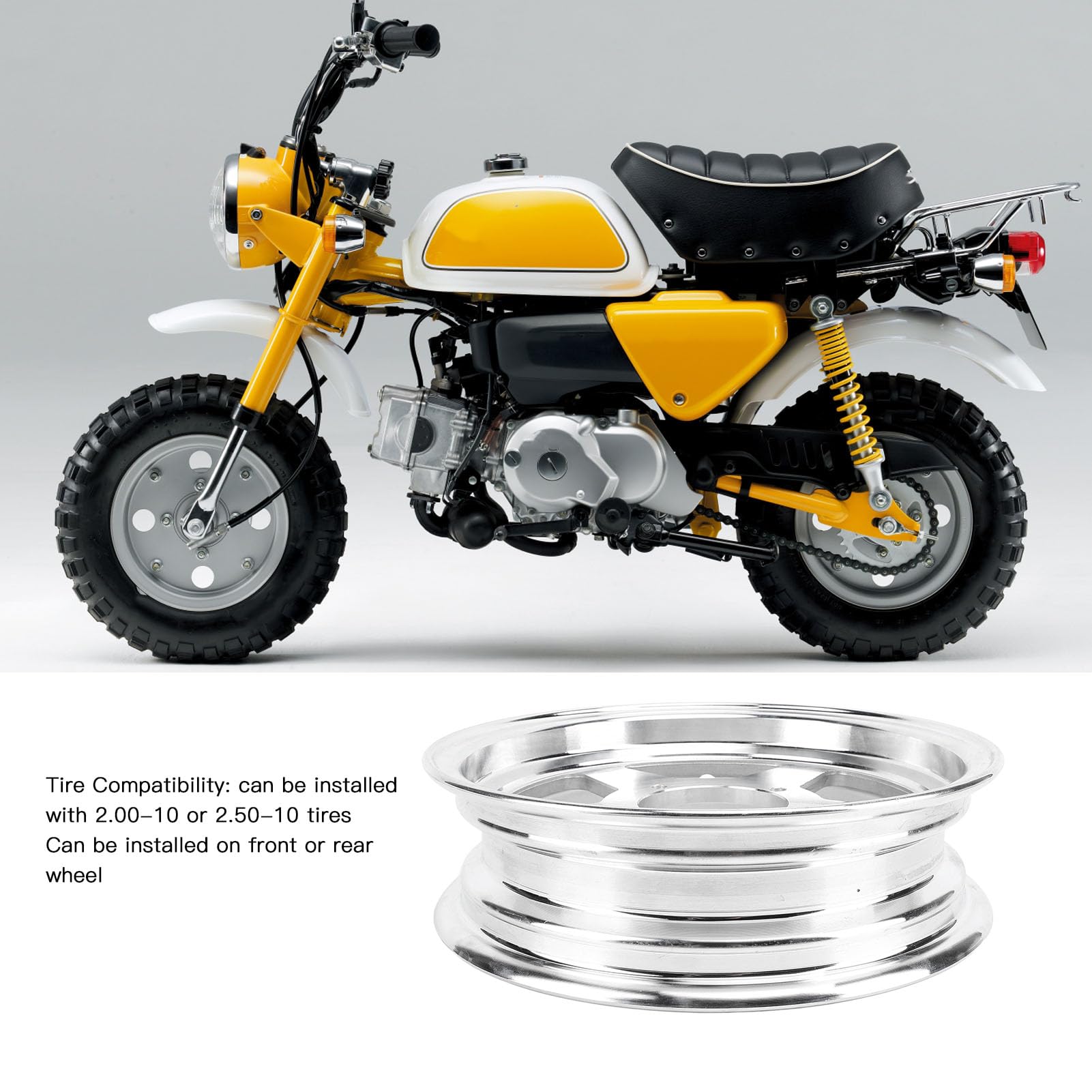 Ruota, Cerchione da 10 Pollici in Lega di Alluminio Leggero Installazione Anteriore Posteriore 2.00-10 2.50- Pneumatico Compatibile con Finitura Lucida per Monkey Z50 Z50J Z50R Mini Trail