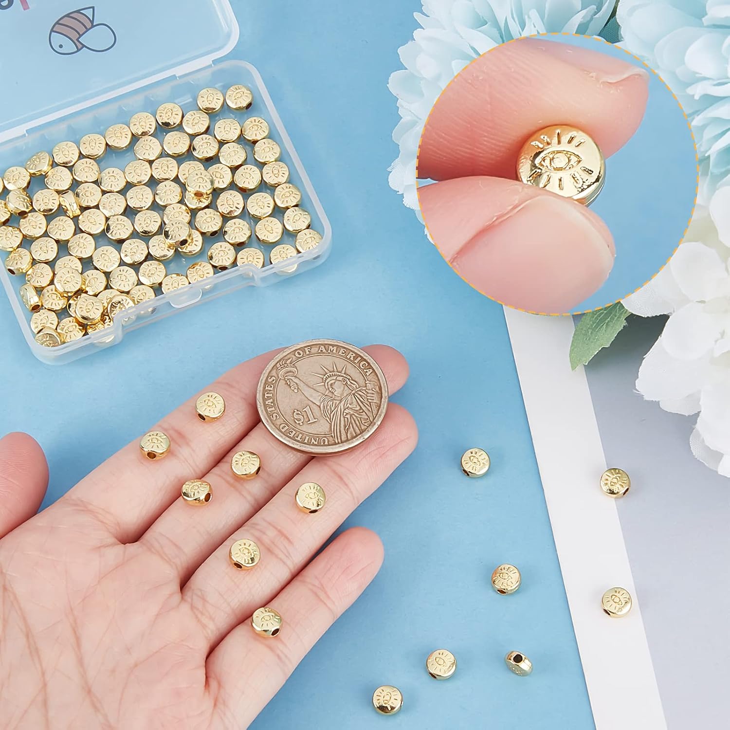Beebeecraft 100Pcs/Box Evil Eye Spacer Beads 18K Gold Plated Monster Eye Beads Charm 5.5x6mm Loose Jewelry Making Beads for DIY Bracelet Earring Necklace