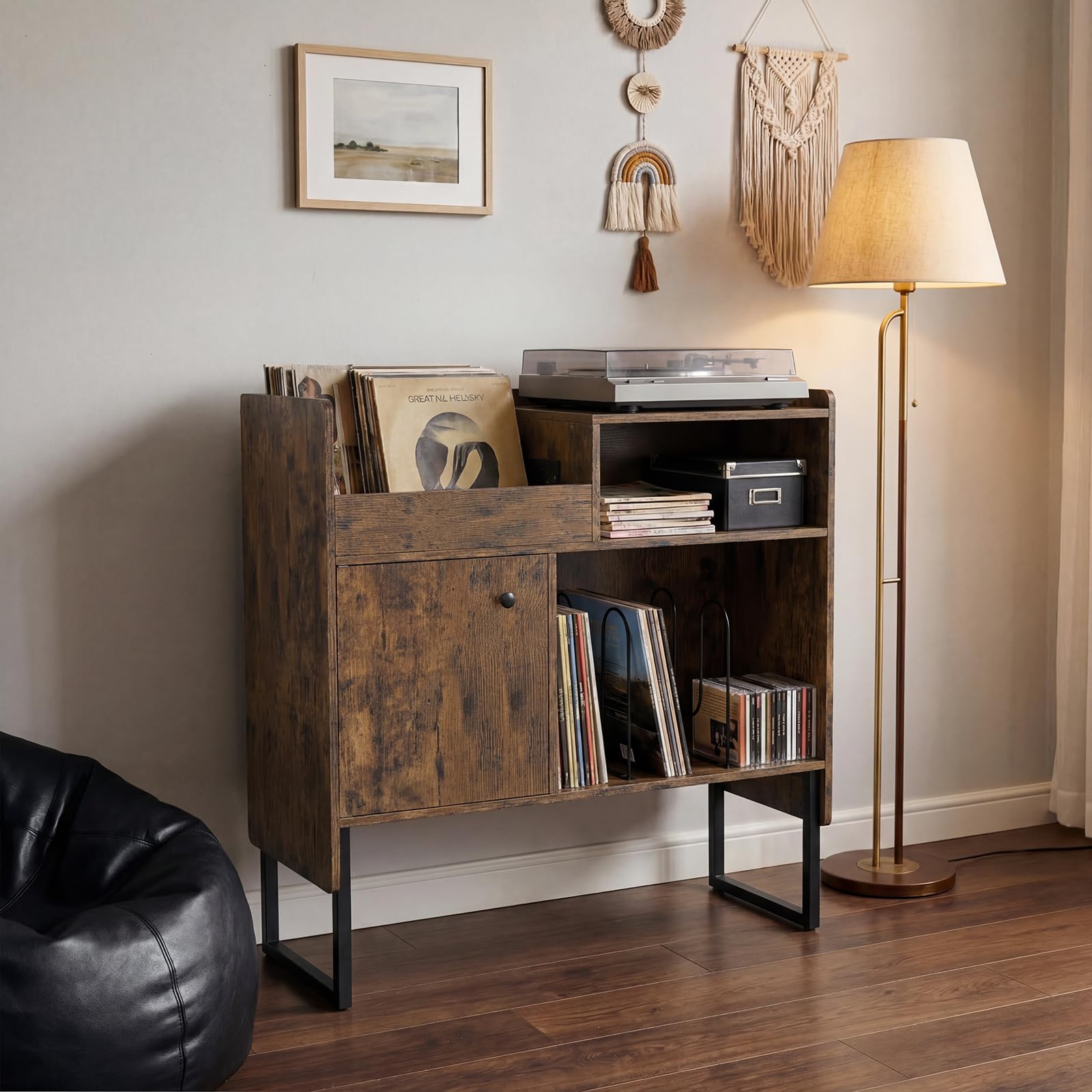 COSTWAY Mobile Giradischi con Stazione di Ricarica, Supporto Porta Vinili e Dischi, Tavolino con Armadietto e Scomparti Aperti, Stile Vintage, in Legno e Metallo, 80 x 35,5 x 85,5 cm