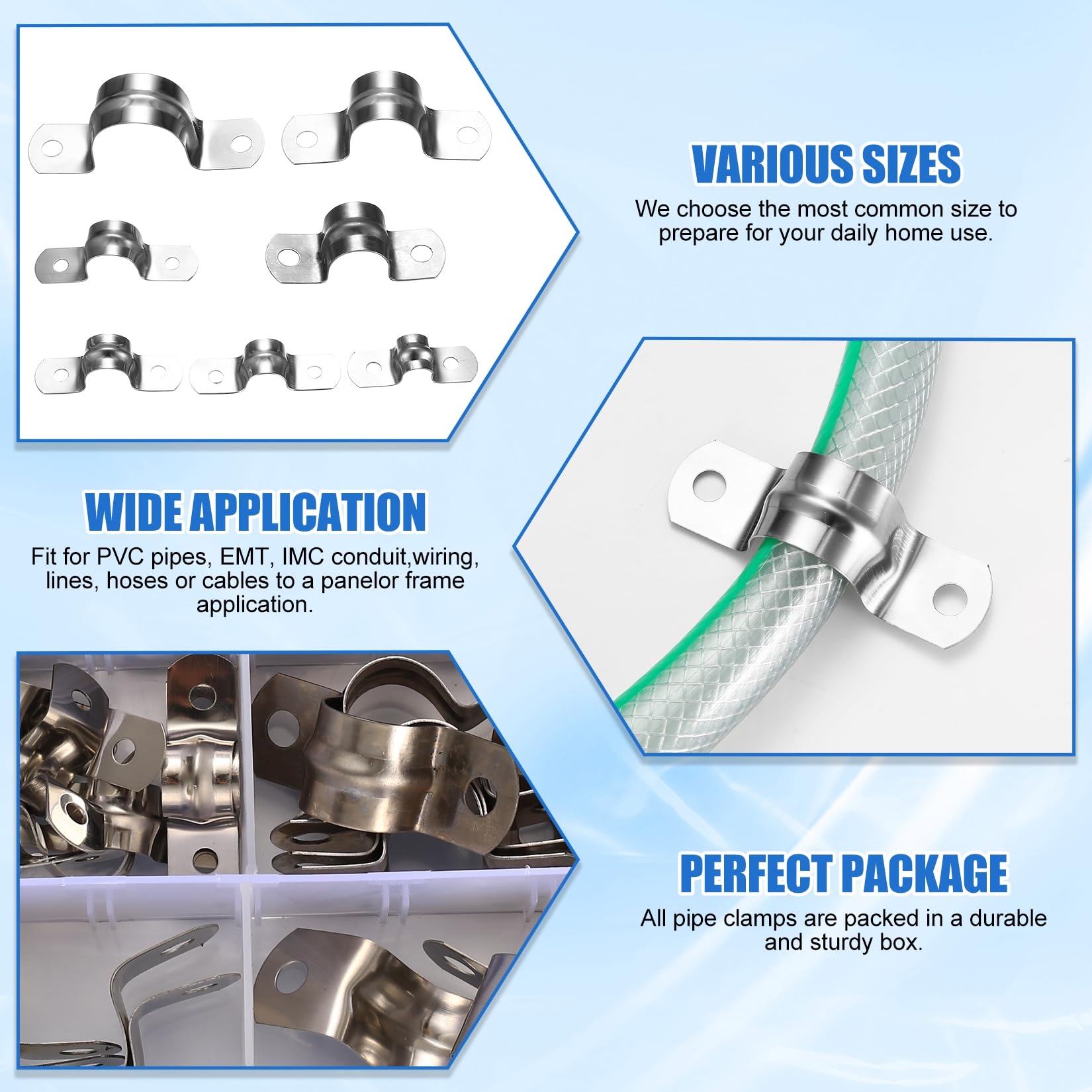 qxayxa 90 Pcs Stainless Steel U‑Shaped Pipe Clamps, Two‑Hole Pipe Straps, 7 Sizes - Image 4